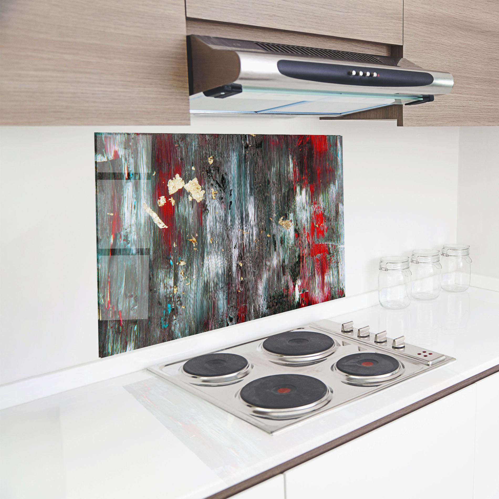 Konyhai üveg hátfal Grey With Red Painting mockup 8