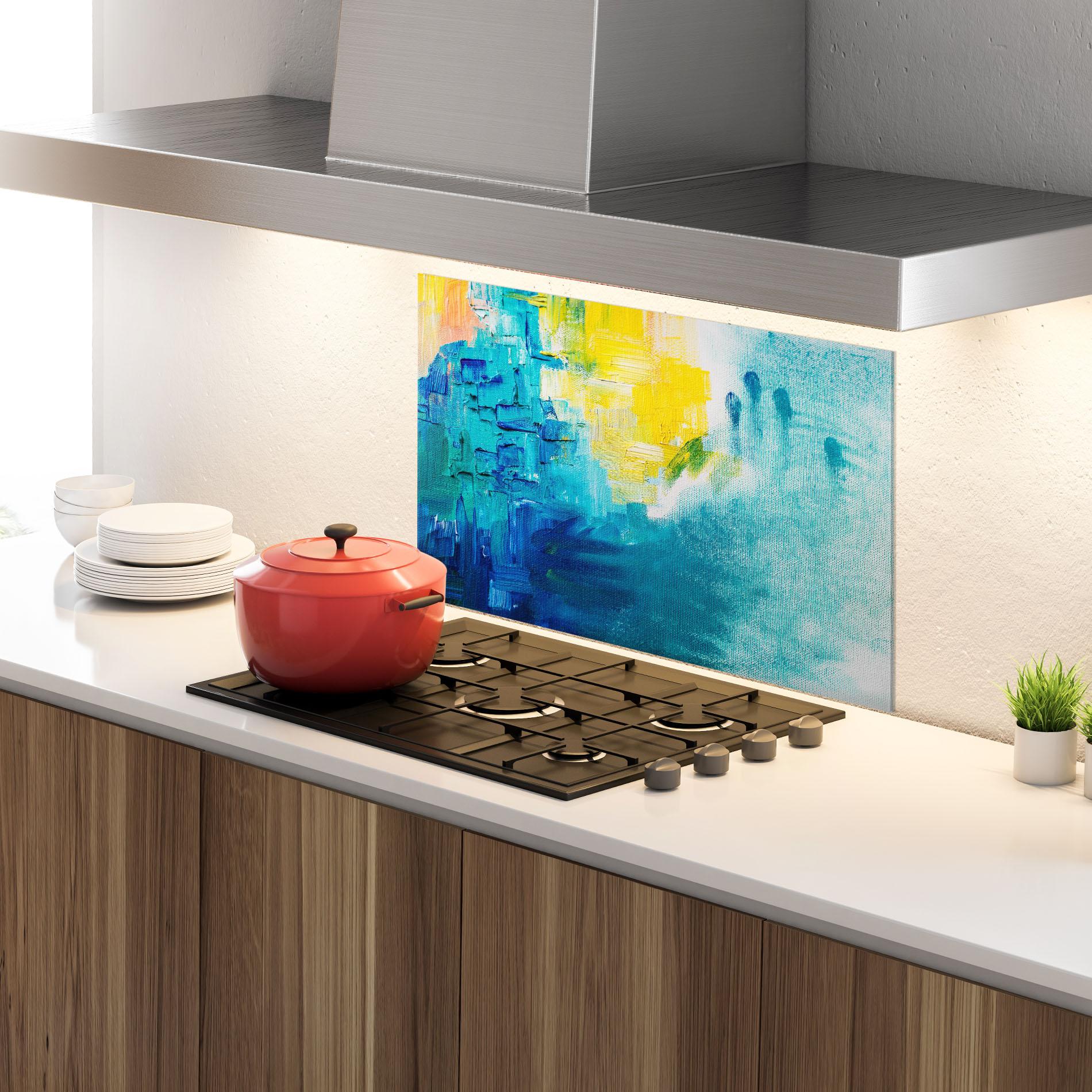 Konyhai üveg hátfal Blue Hand Shade mockup 4