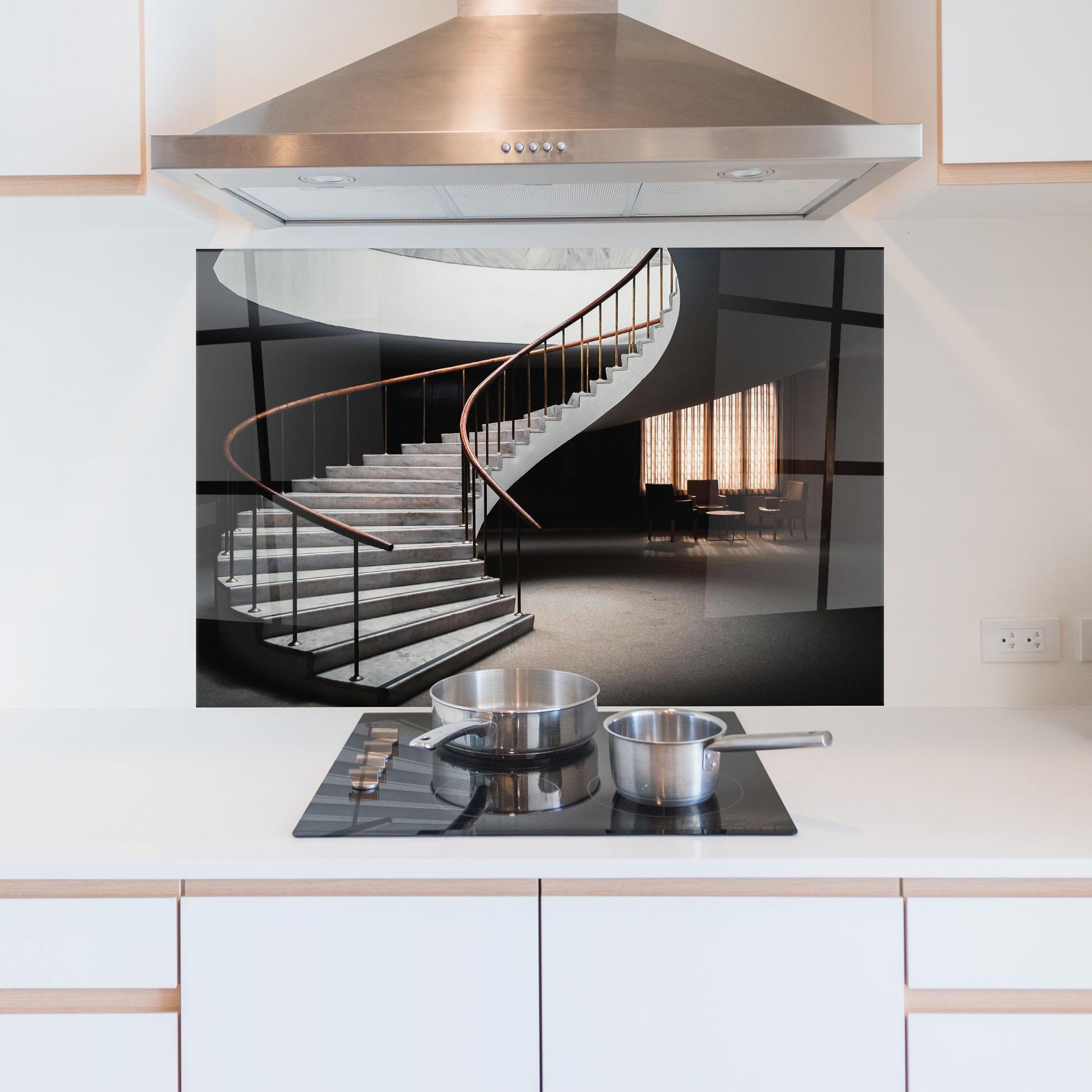 Konyhai üveg hátfal Dark Room Stairs mockup 5