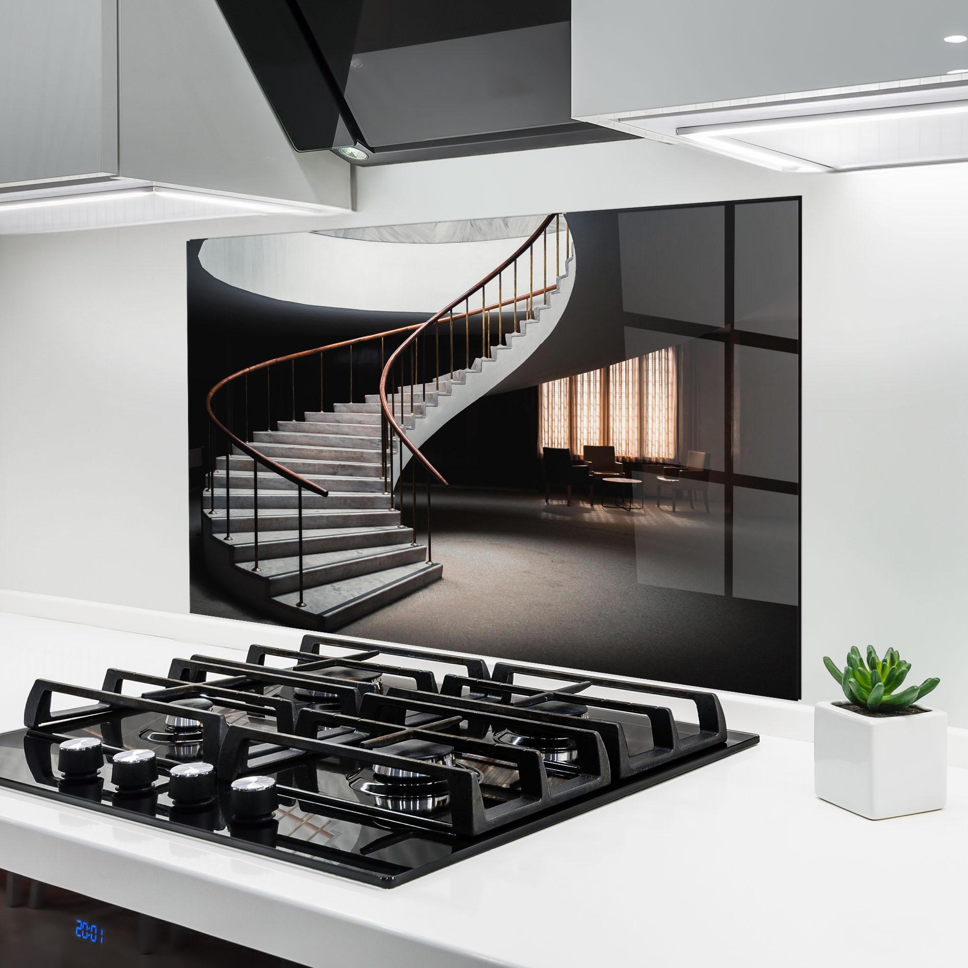 Konyhai üveg hátfal Dark Room Stairs mockup 6