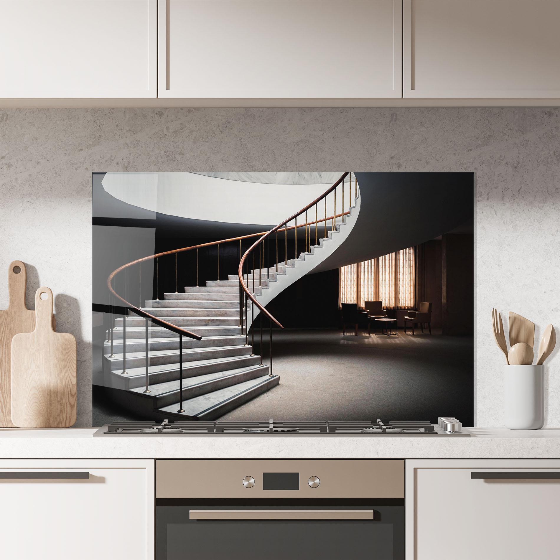 Konyhai üveg hátfal Dark Room Stairs mockup 7