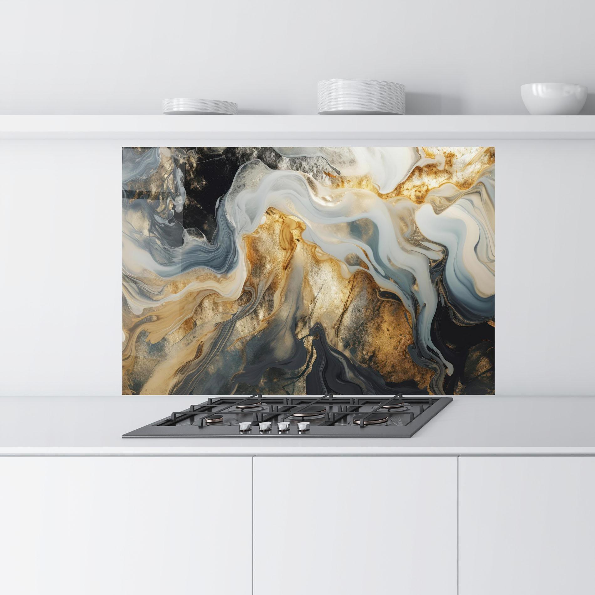 Konyhai üveg hátfal Grey Gold Liquid Marble mockup 9