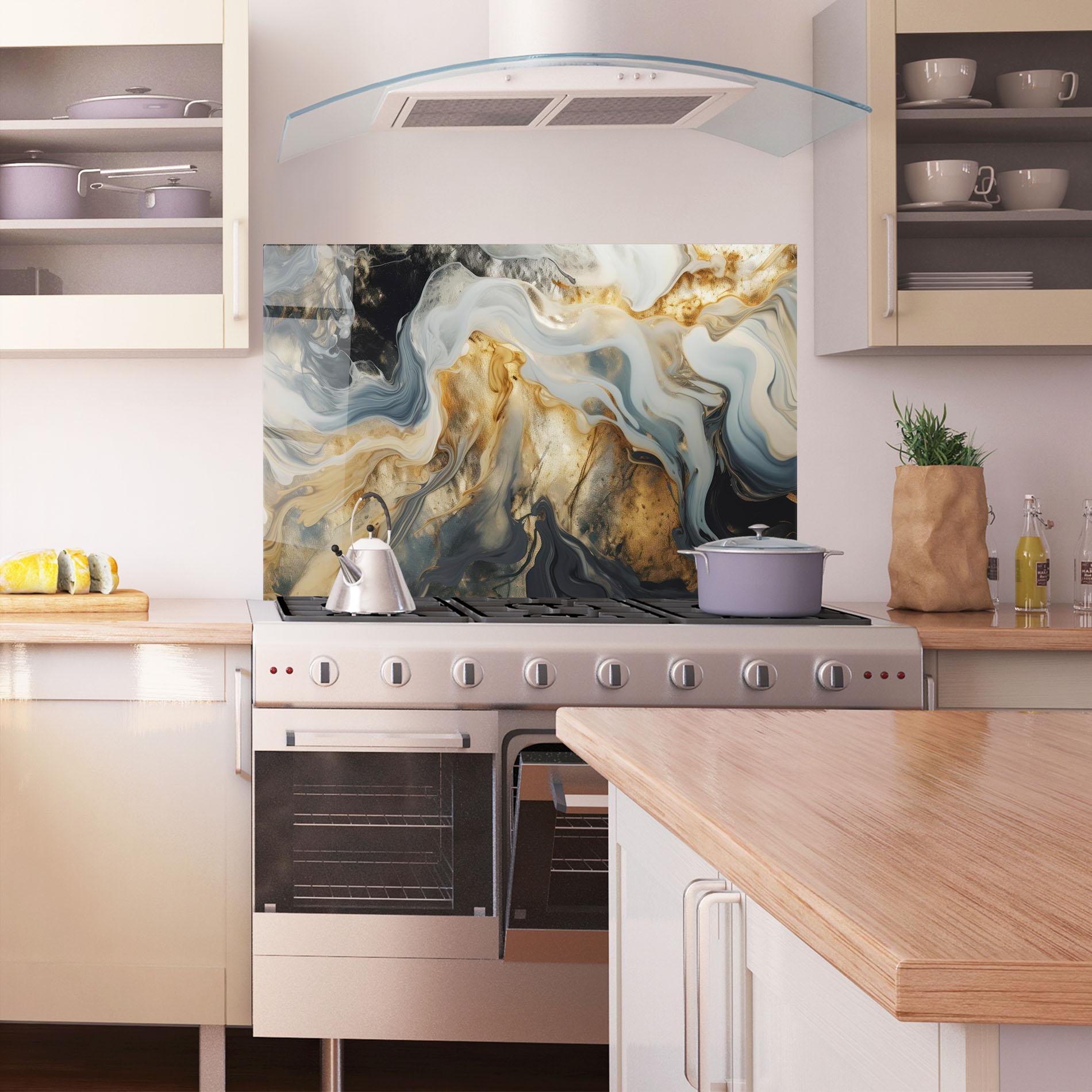 Konyhai üveg hátfal Grey Gold Liquid Marble mockup 1