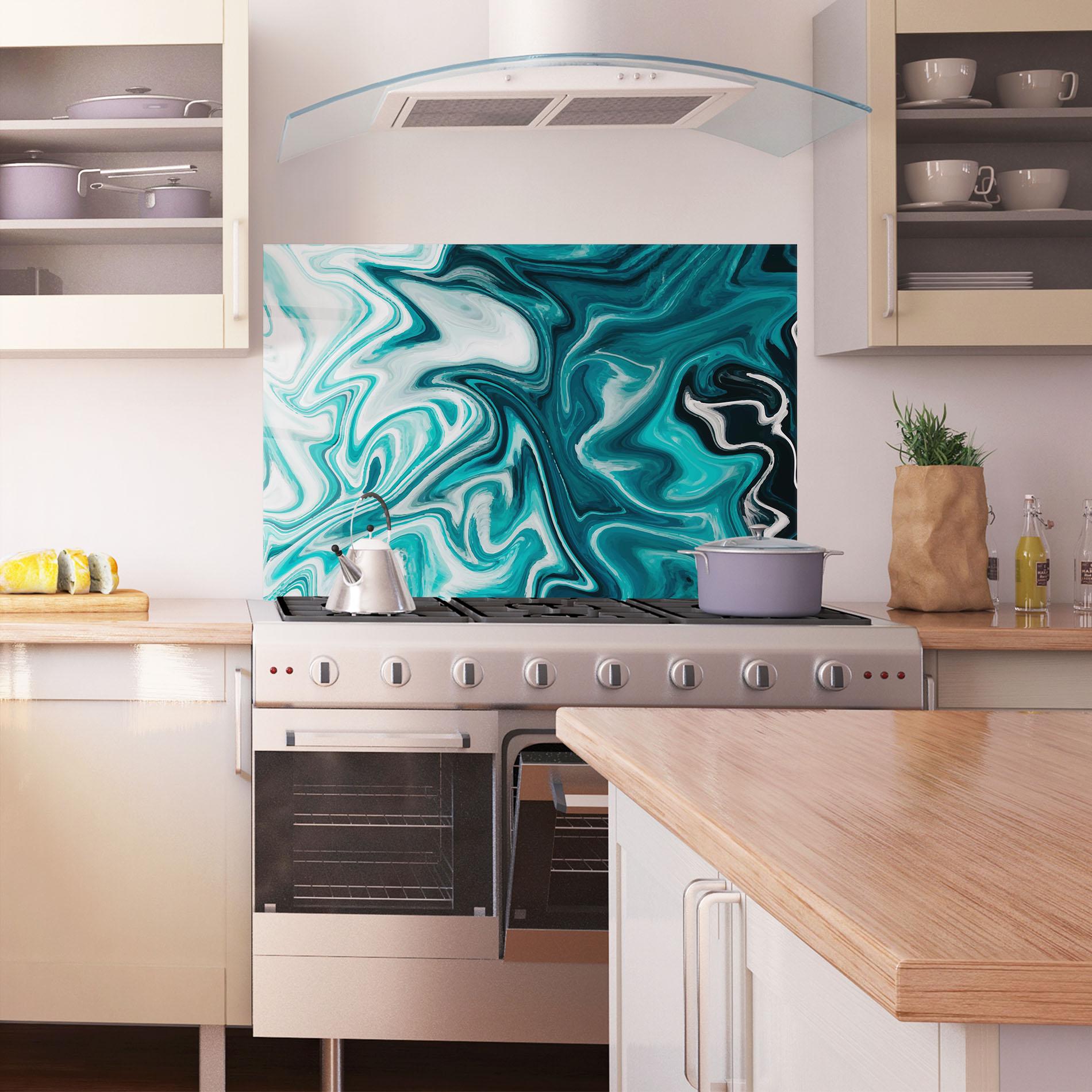 Konyhai üveg hátfal White Blue Liquid Marble mockup 1