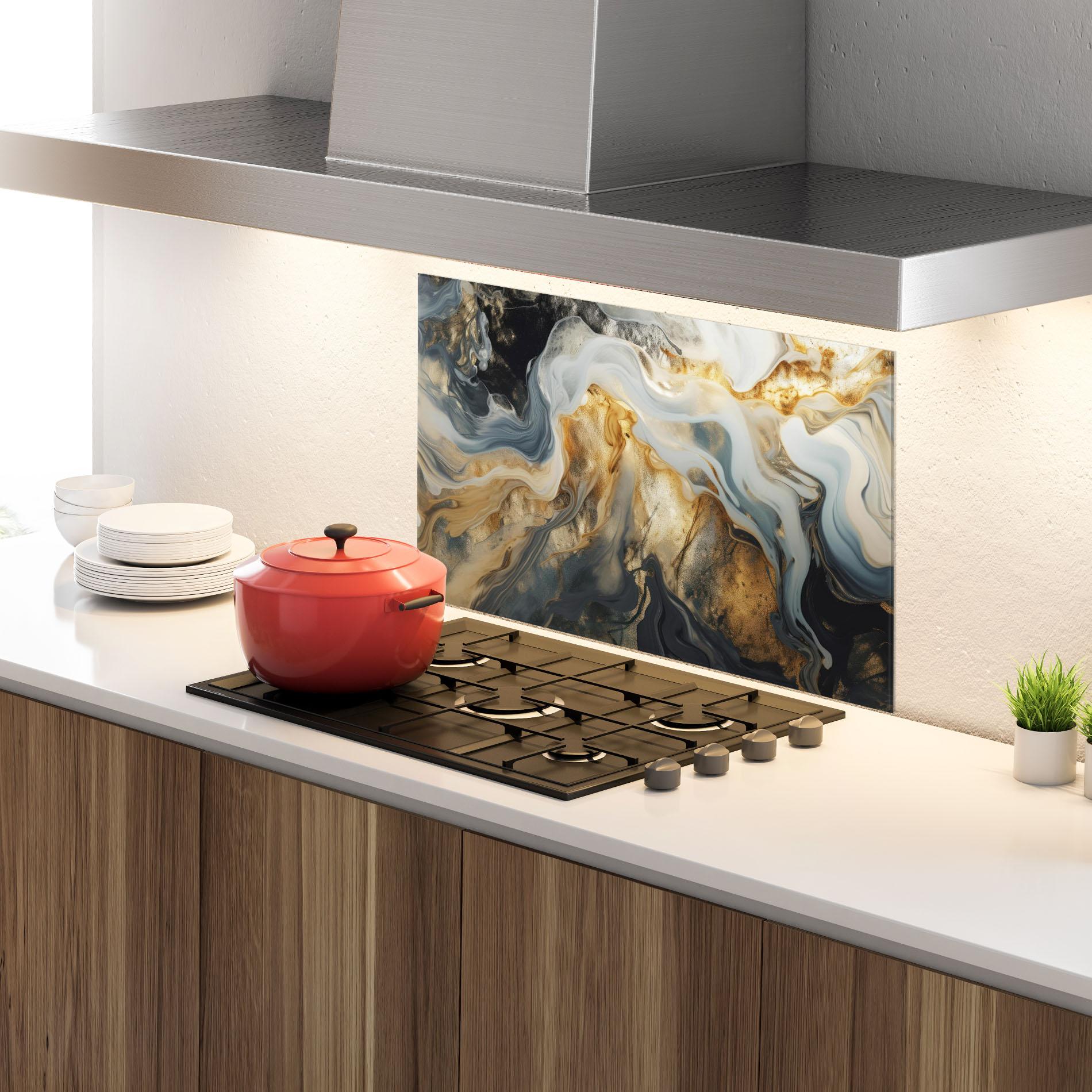 Konyhai üveg hátfal Grey Gold Liquid Marble mockup 4