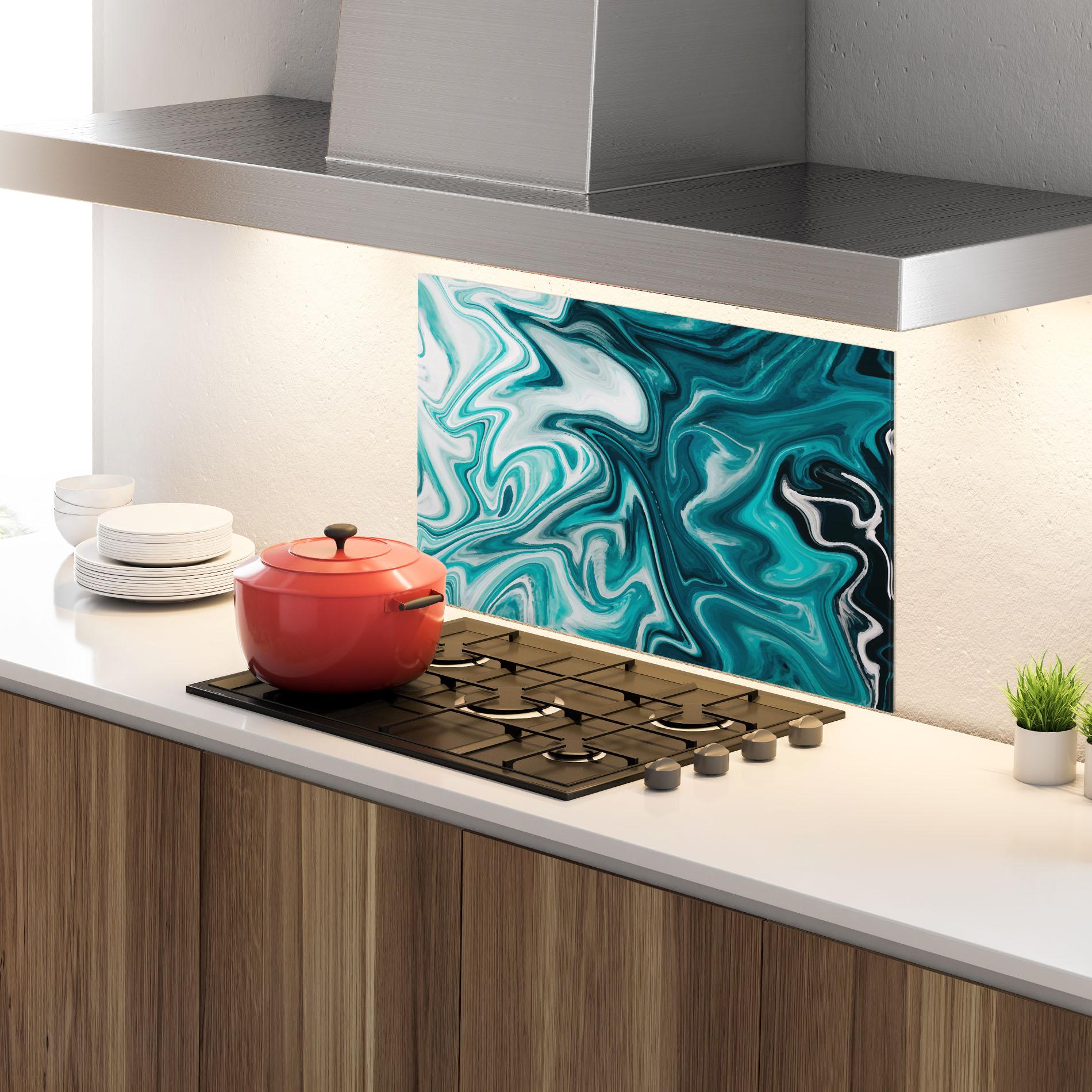 Konyhai üveg hátfal White Blue Liquid Marble mockup 4