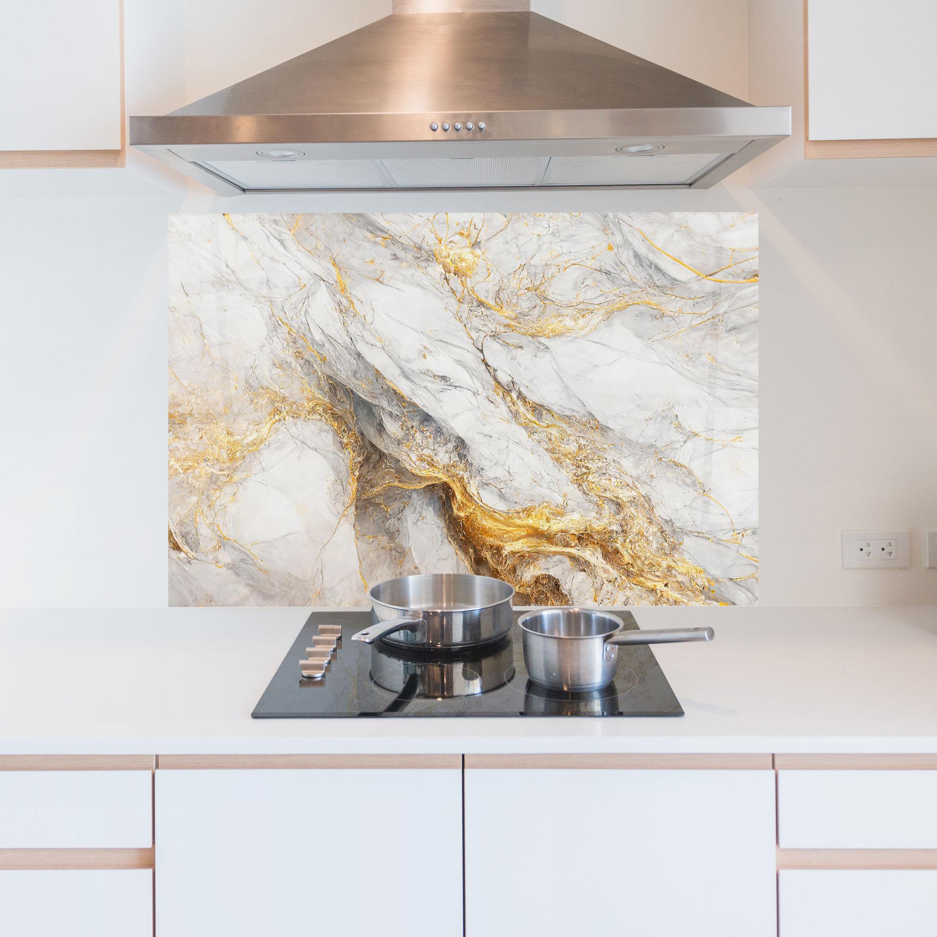 Konyhai üveg hátfal Gold Liquid Grey Marble mockup 5