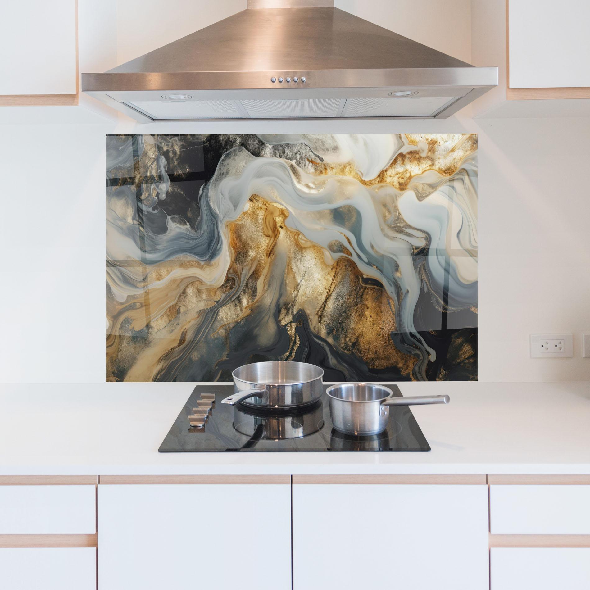 Konyhai üveg hátfal Grey Gold Liquid Marble mockup 5
