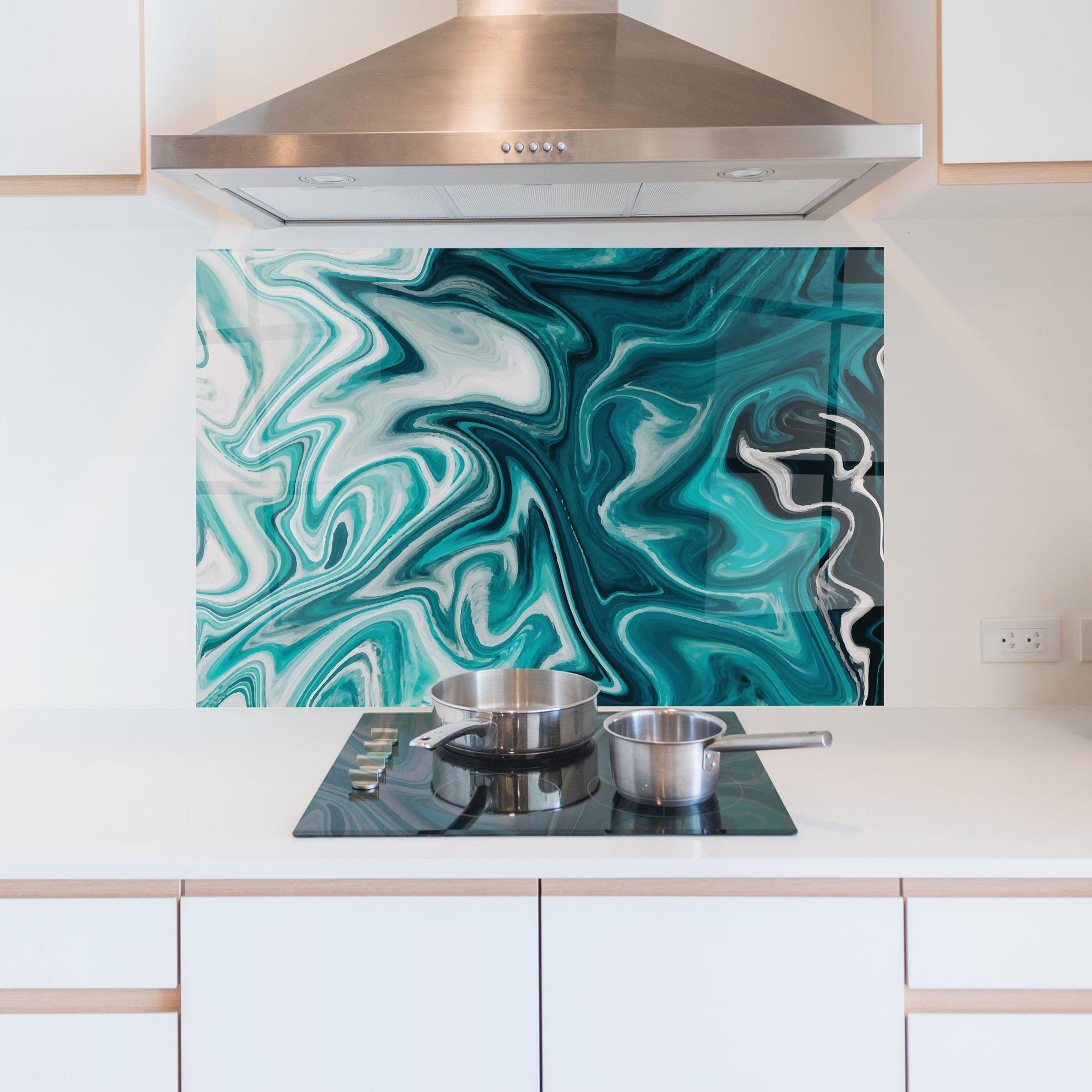 Konyhai üveg hátfal White Blue Liquid Marble mockup 5