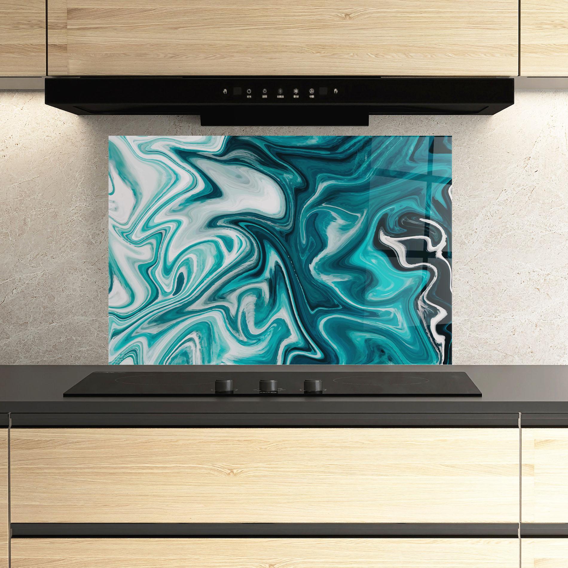 Konyhai üveg hátfal White Blue Liquid Marble mockup 3
