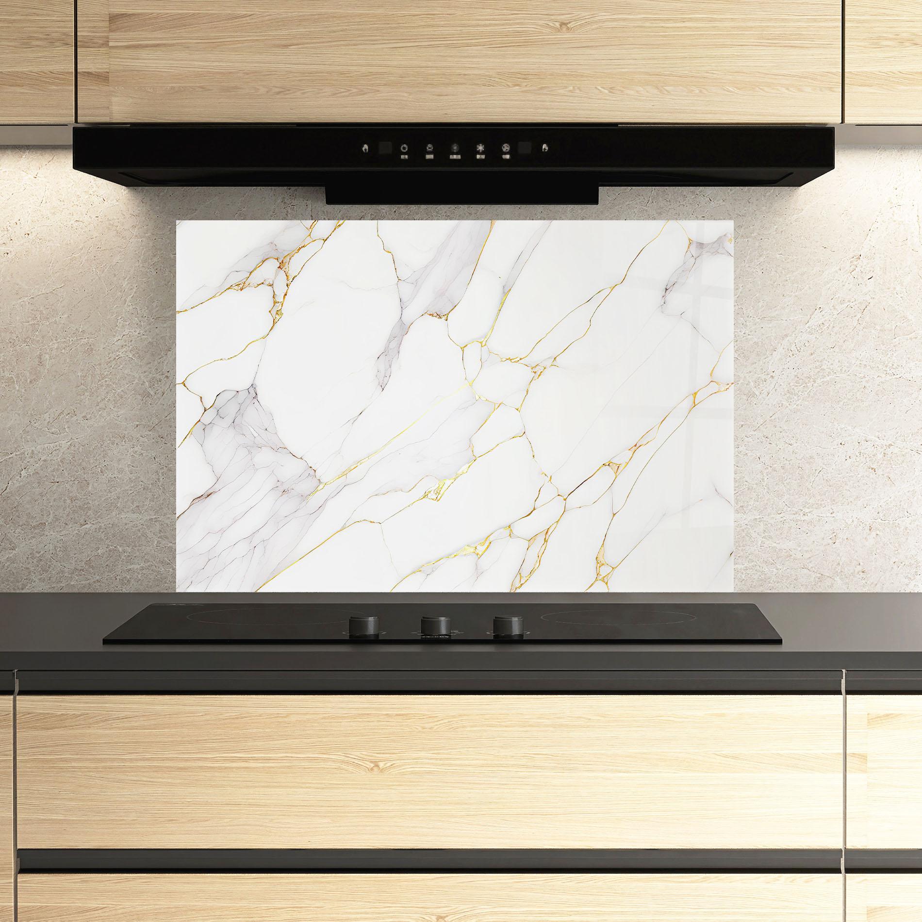 Konyhai üveg hátfal White Grey Golden Lines mockup 3