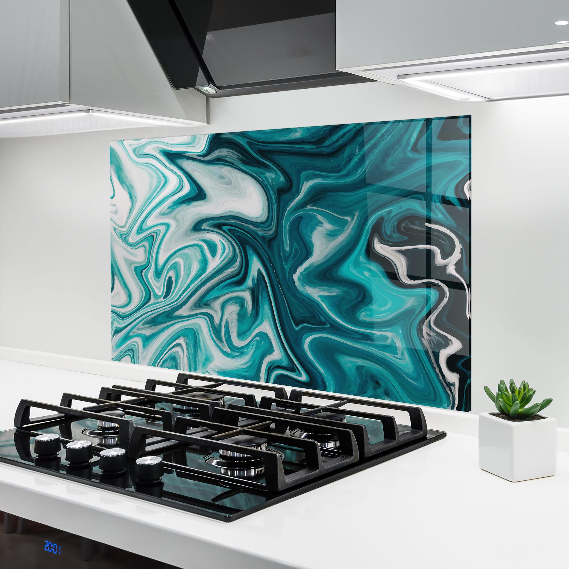Konyhai üveg hátfal White Blue Liquid Marble mockup 6