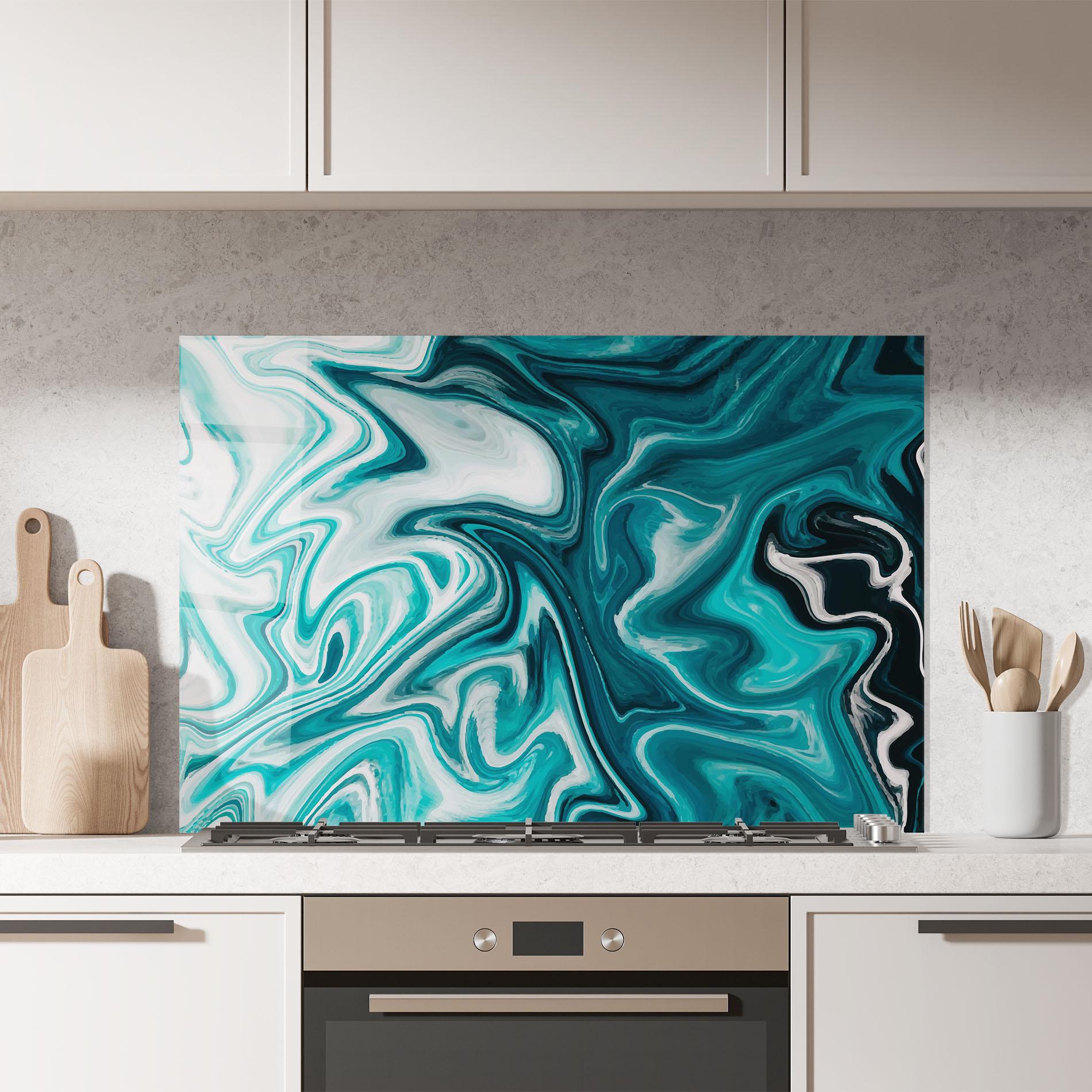 Konyhai üveg hátfal White Blue Liquid Marble mockup 7