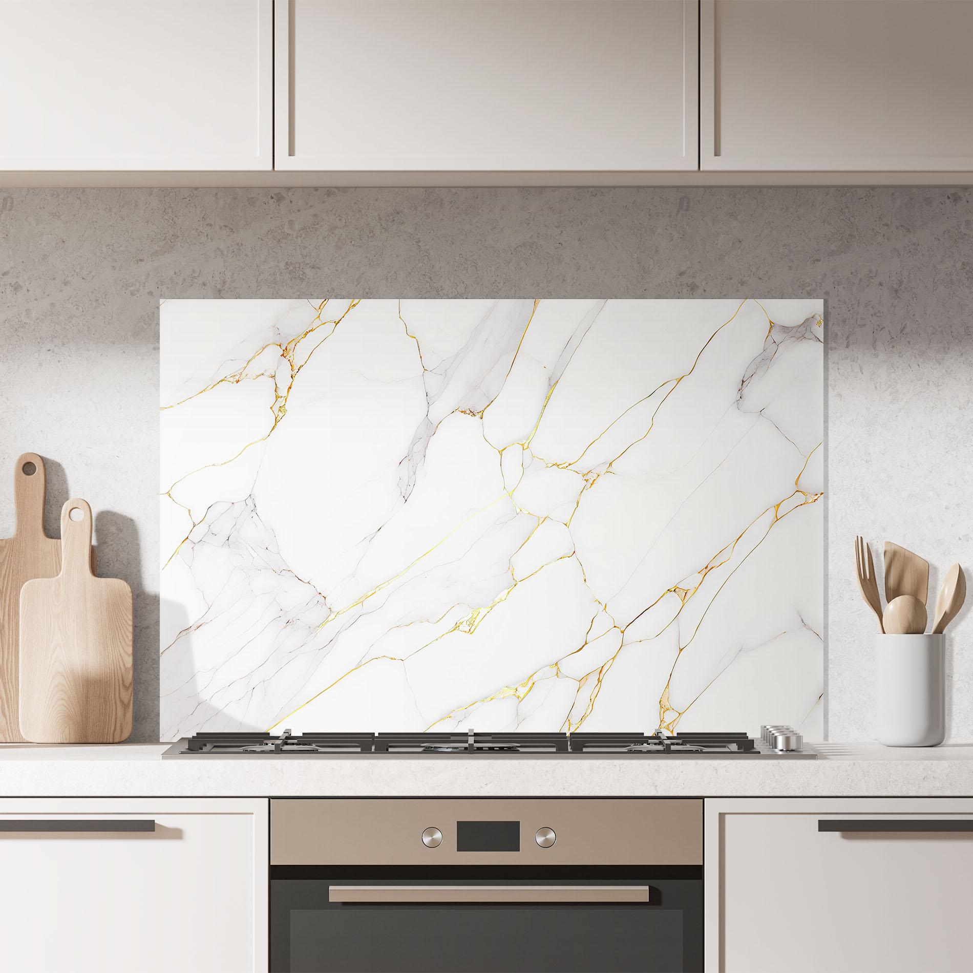 Konyhai üveg hátfal White Grey Golden Lines mockup 7