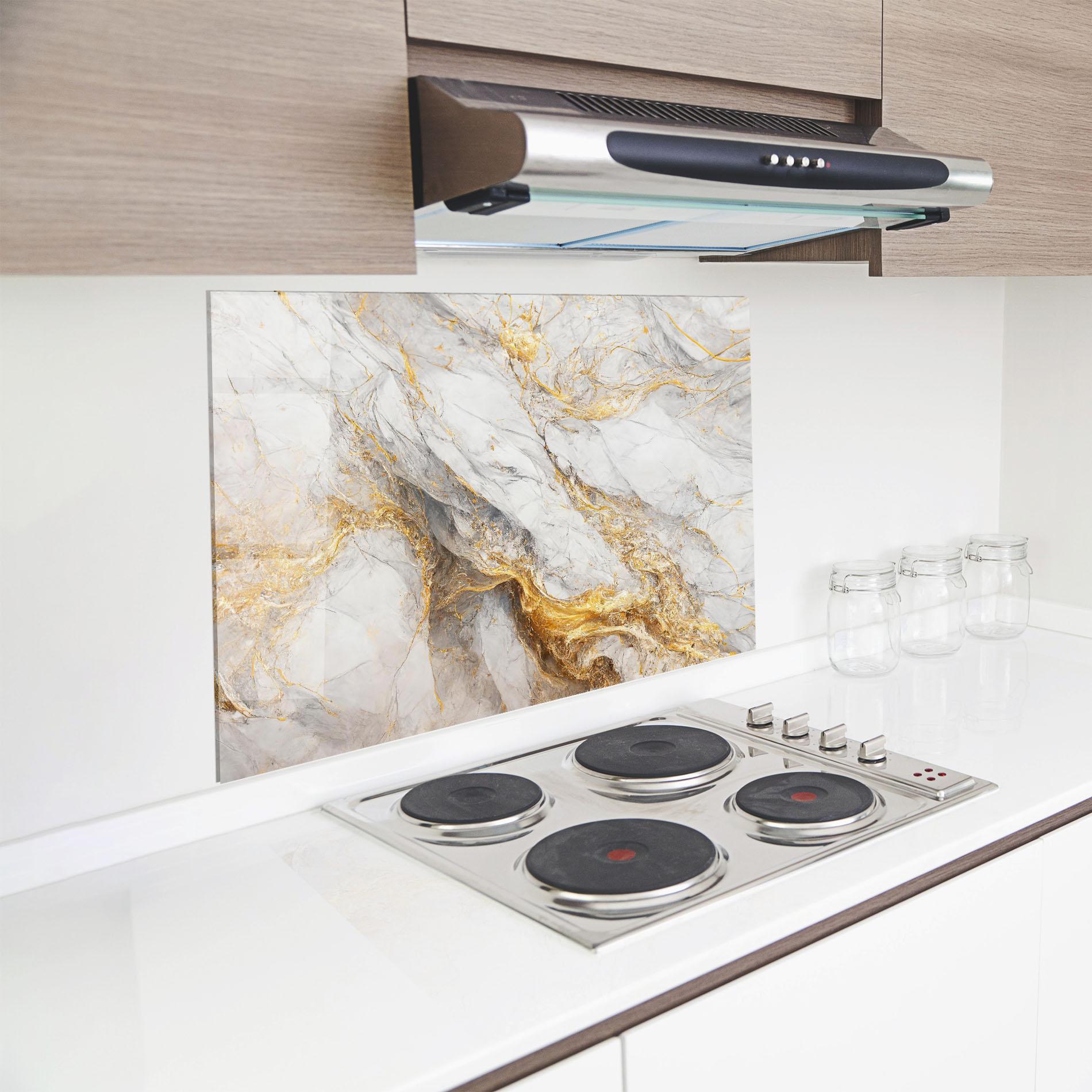 Konyhai üveg hátfal Gold Liquid Grey Marble mockup 8
