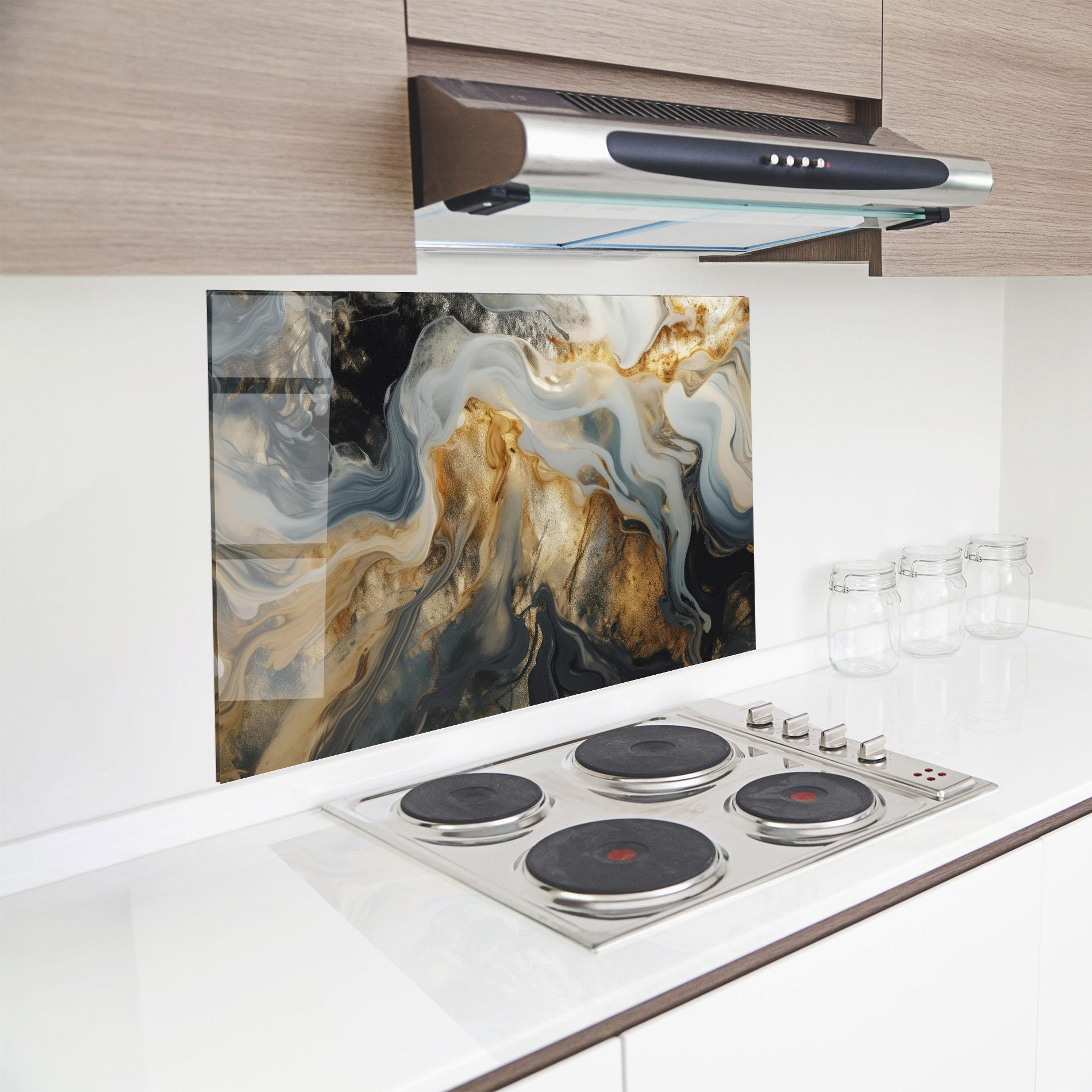 Konyhai üveg hátfal Grey Gold Liquid Marble mockup 8