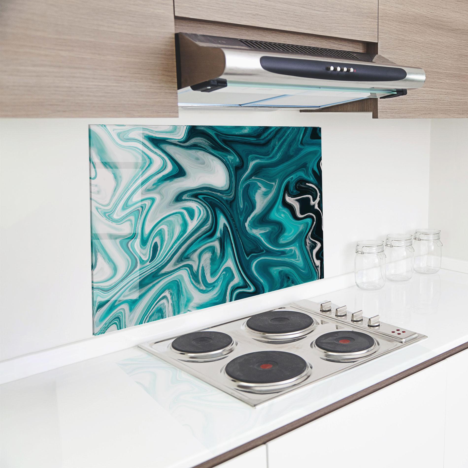 Konyhai üveg hátfal White Blue Liquid Marble mockup 8