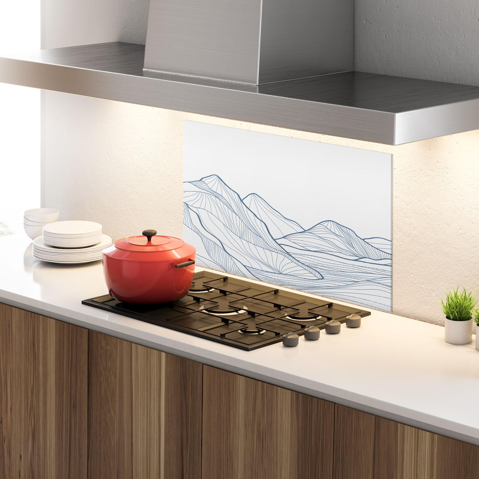 Konyhai üveg hátfal Mountain Blue Line mockup 4