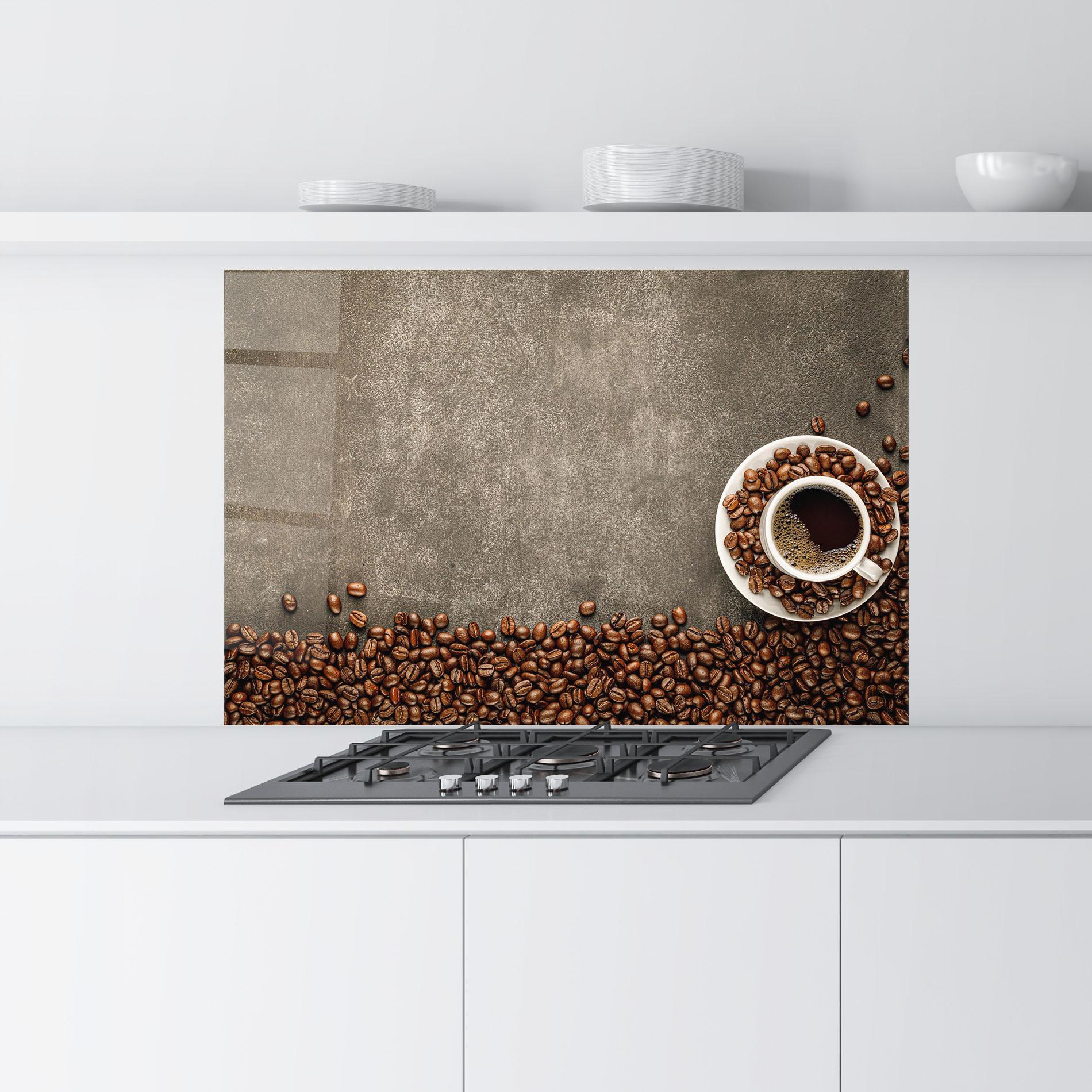 Konyhai üveg hátfal Coffee On Grey Table mockup 9