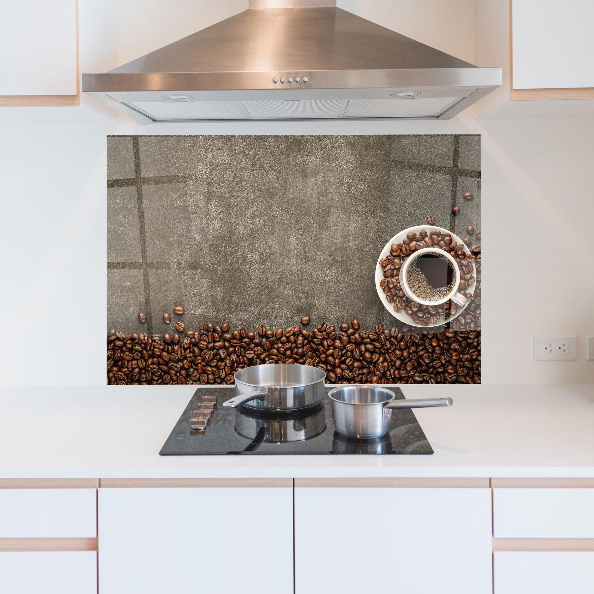 Konyhai üveg hátfal Coffee On Grey Table mockup 5