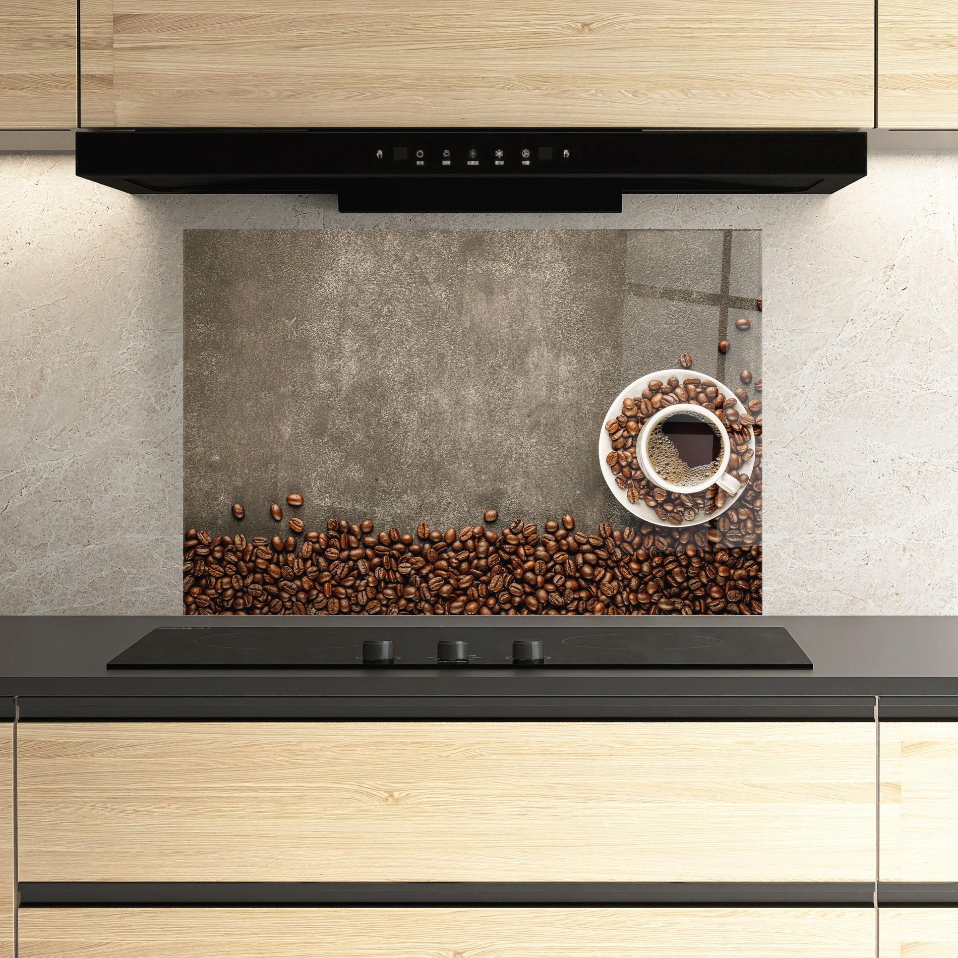 Konyhai üveg hátfal Coffee On Grey Table mockup 3