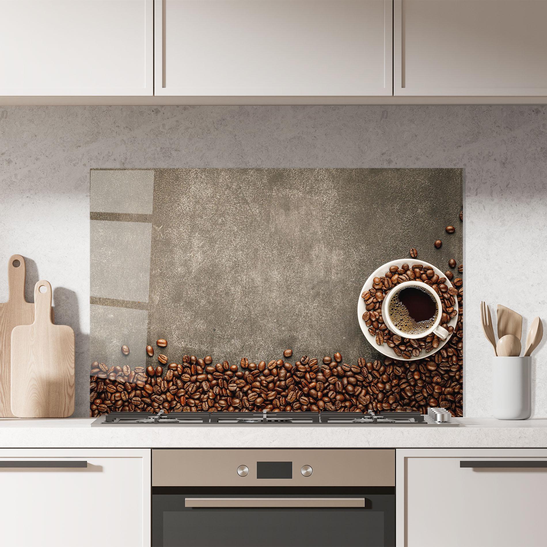 Konyhai üveg hátfal Coffee On Grey Table mockup 7