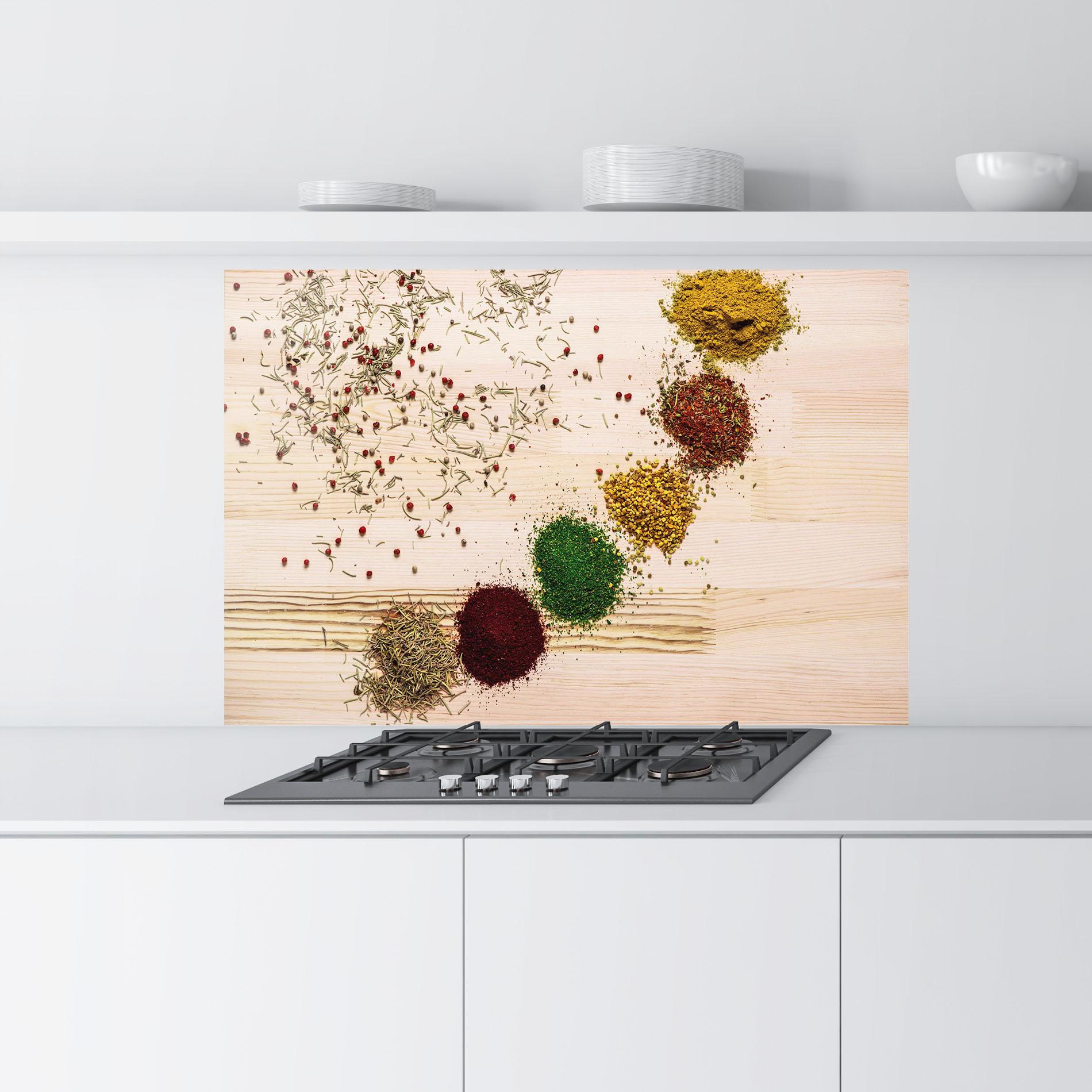 Konyhai üveg hátfal Spices Wooden Table mockup 9