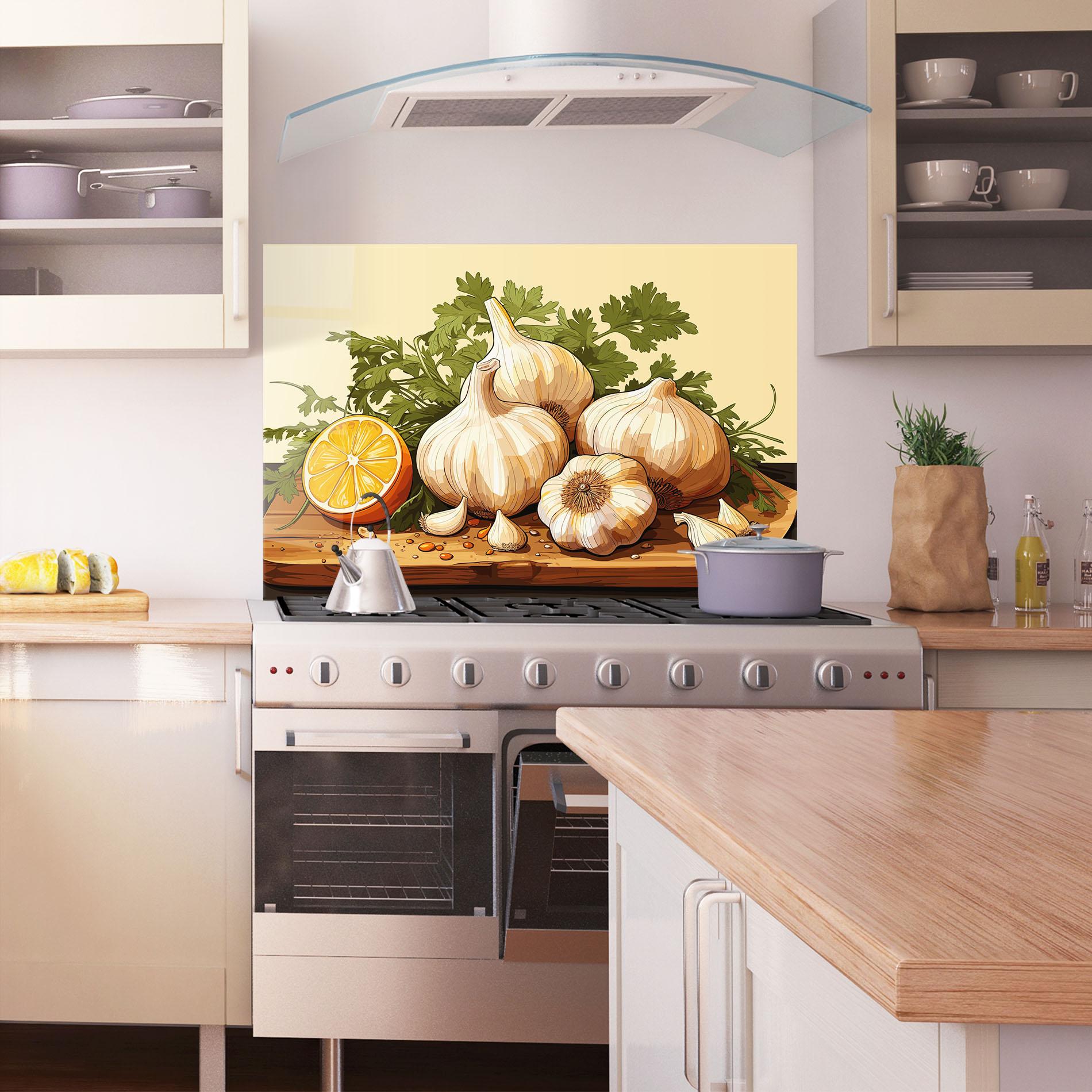 Konyhai üveg hátfal Garlic Lemon mockup 1