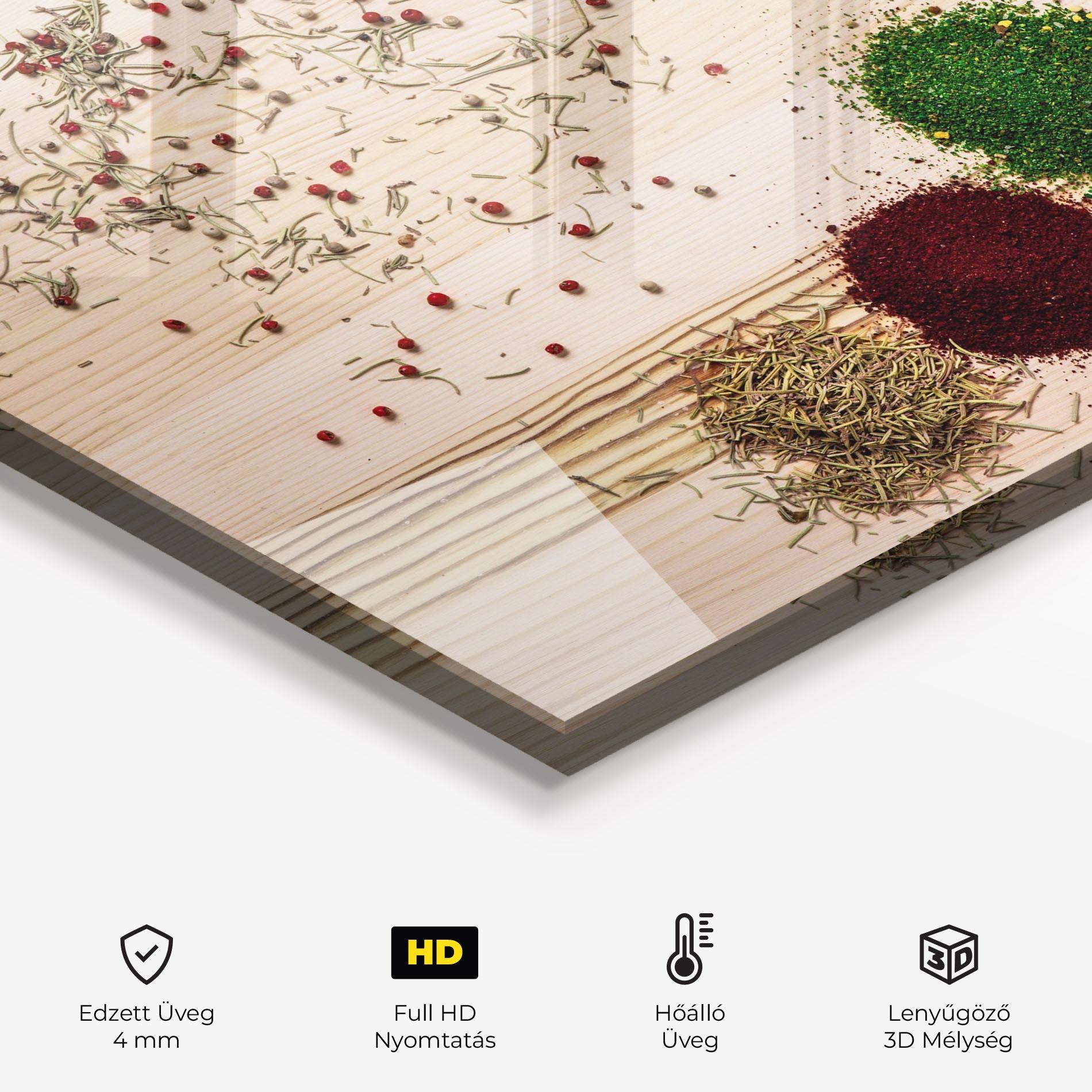Konyhai üveg hátfal Spices Wooden Table mockup 2