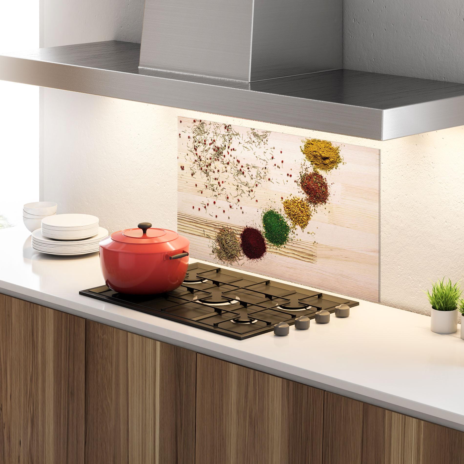 Konyhai üveg hátfal Spices Wooden Table mockup 4