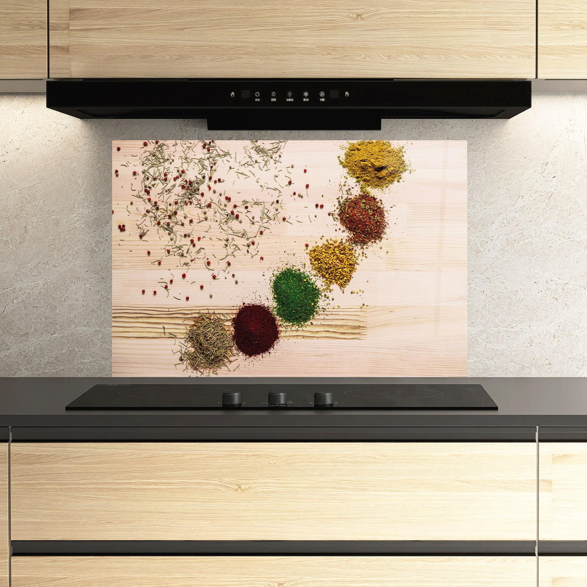 Konyhai üveg hátfal Spices Wooden Table mockup 3