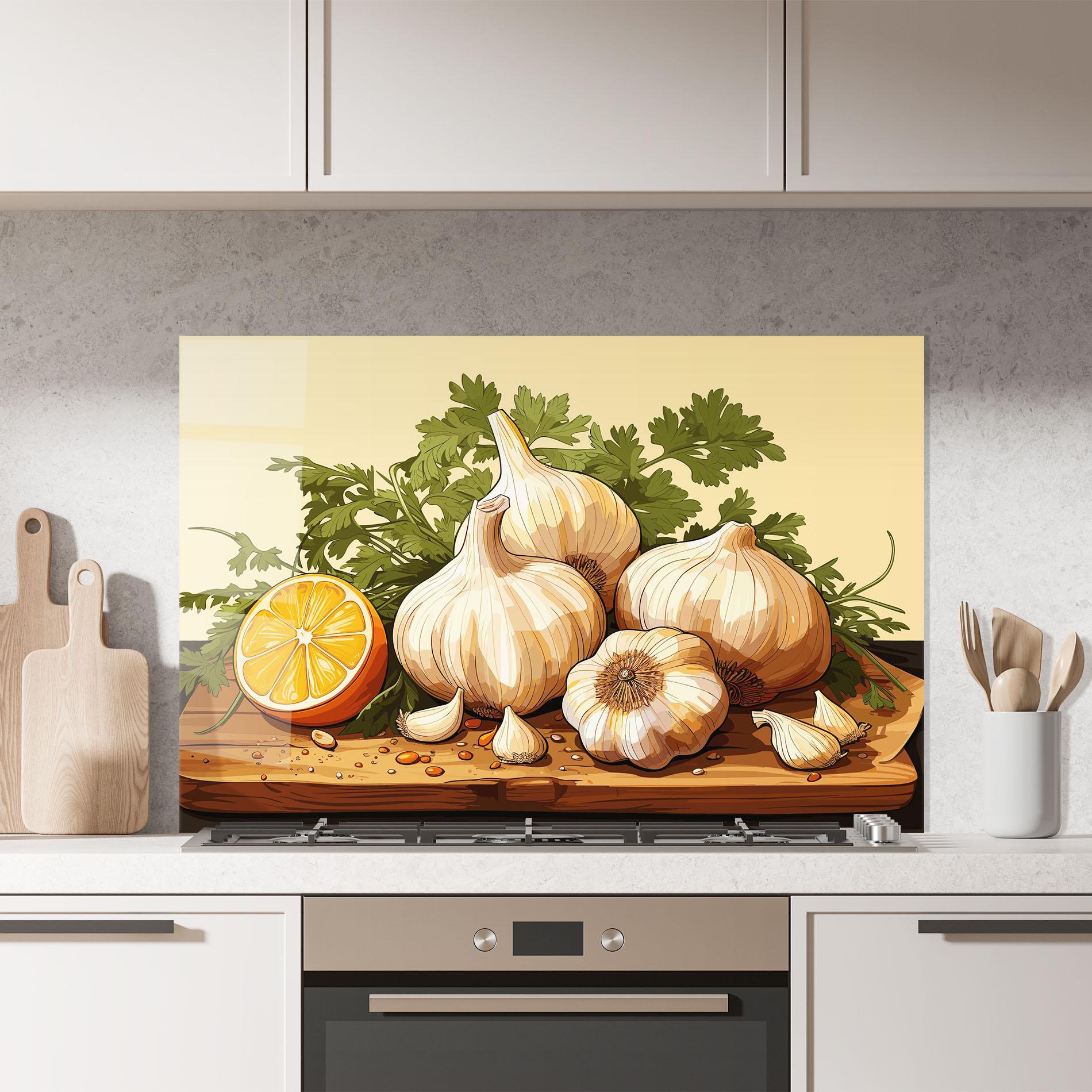 Konyhai üveg hátfal Garlic Lemon mockup 7