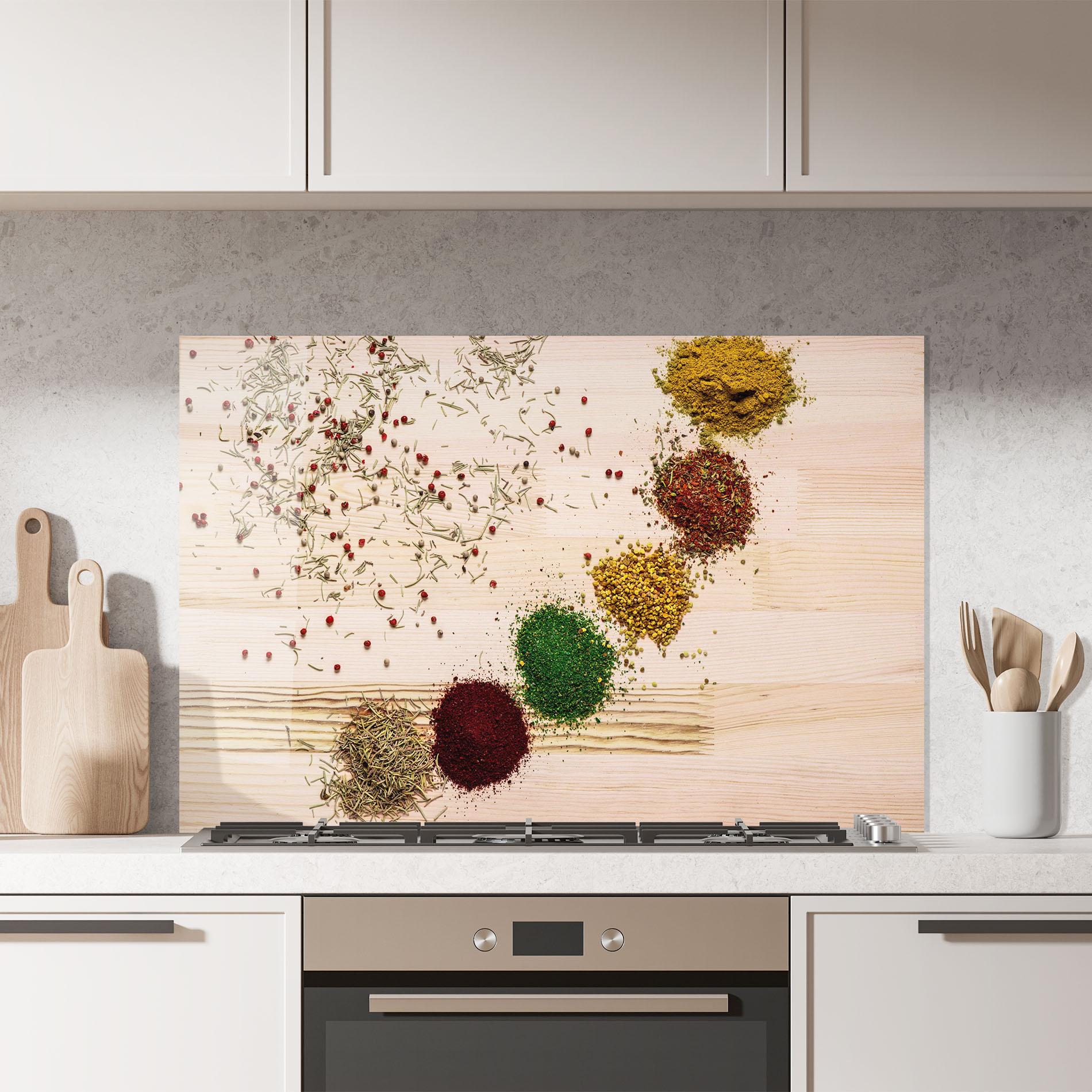 Konyhai üveg hátfal Spices Wooden Table mockup 7