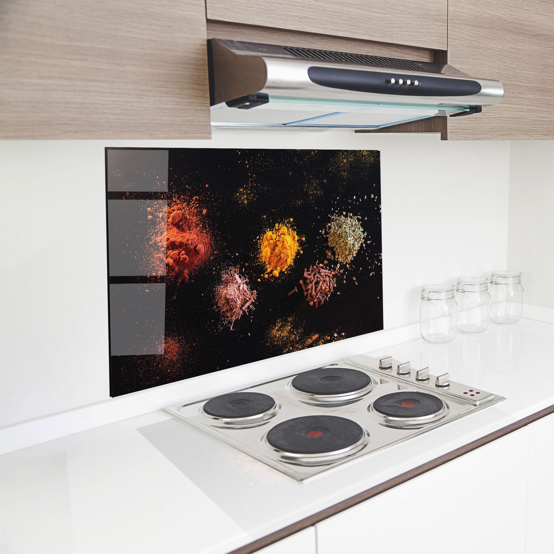 Konyhai üveg hátfal Powder On Black mockup 8