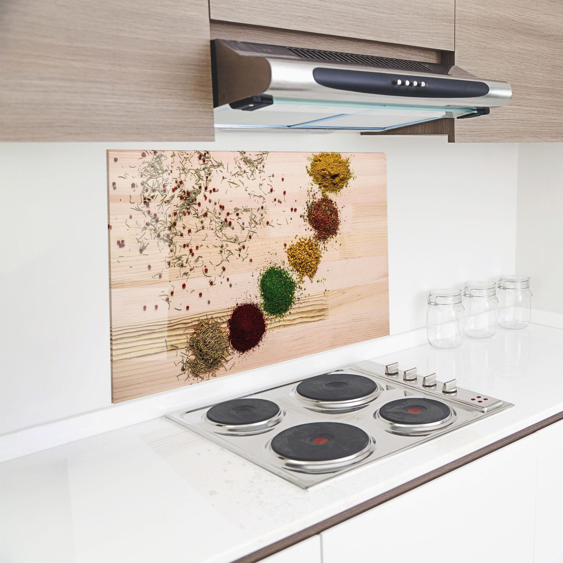 Konyhai üveg hátfal Spices Wooden Table mockup 8