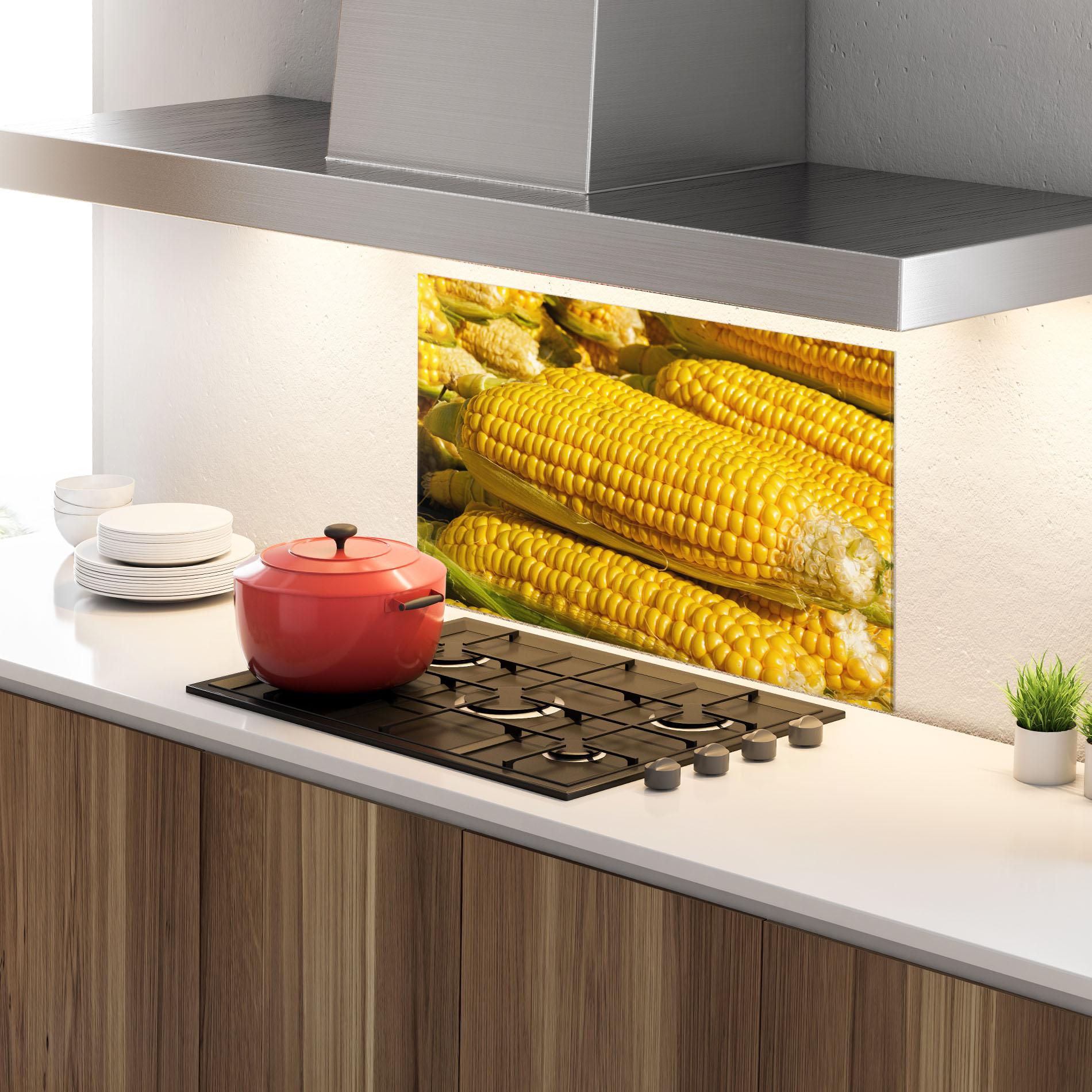 Konyhai üveg hátfal Strong Yellow Corn mockup 4