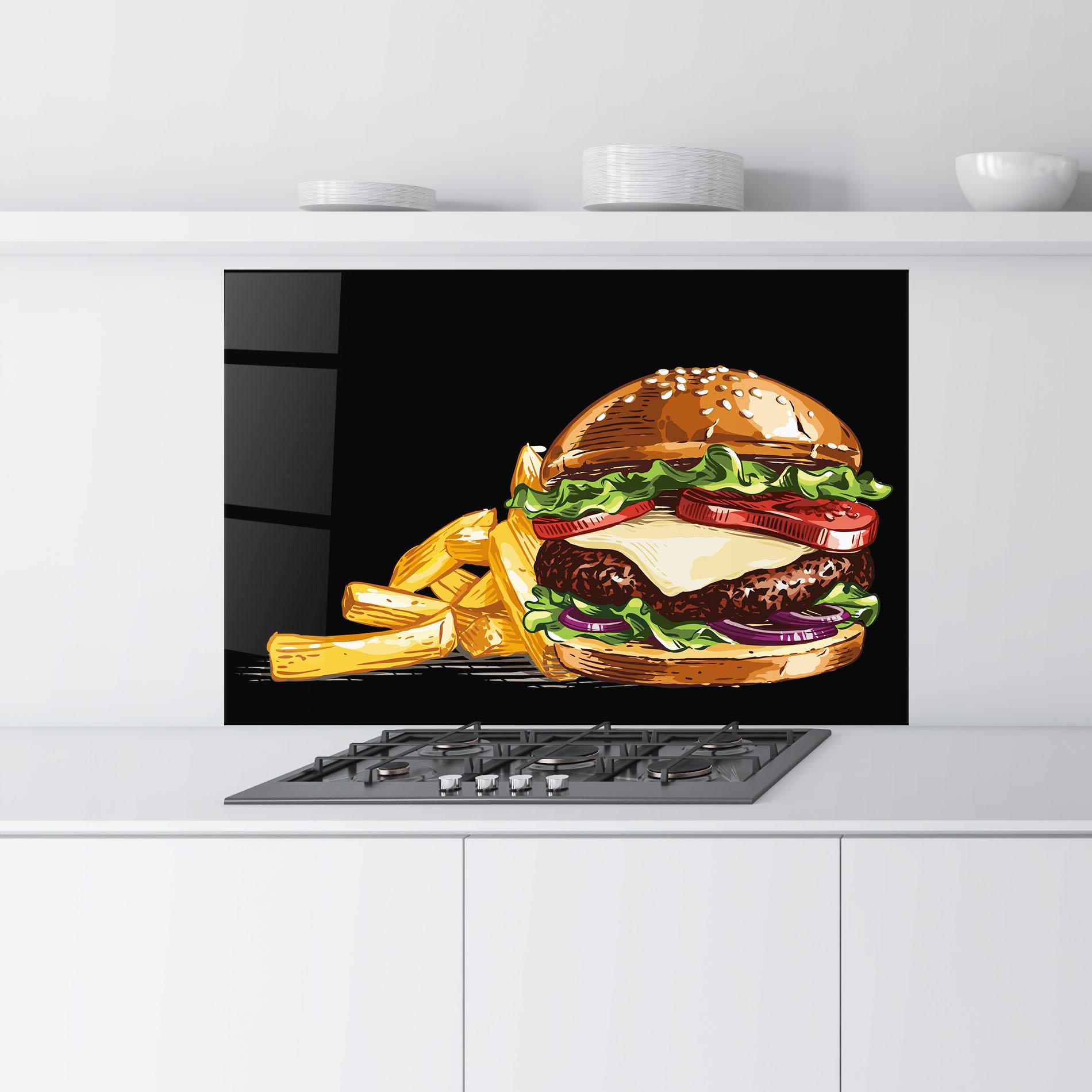 Konyhai üveg hátfal Burger Fries mockup 9