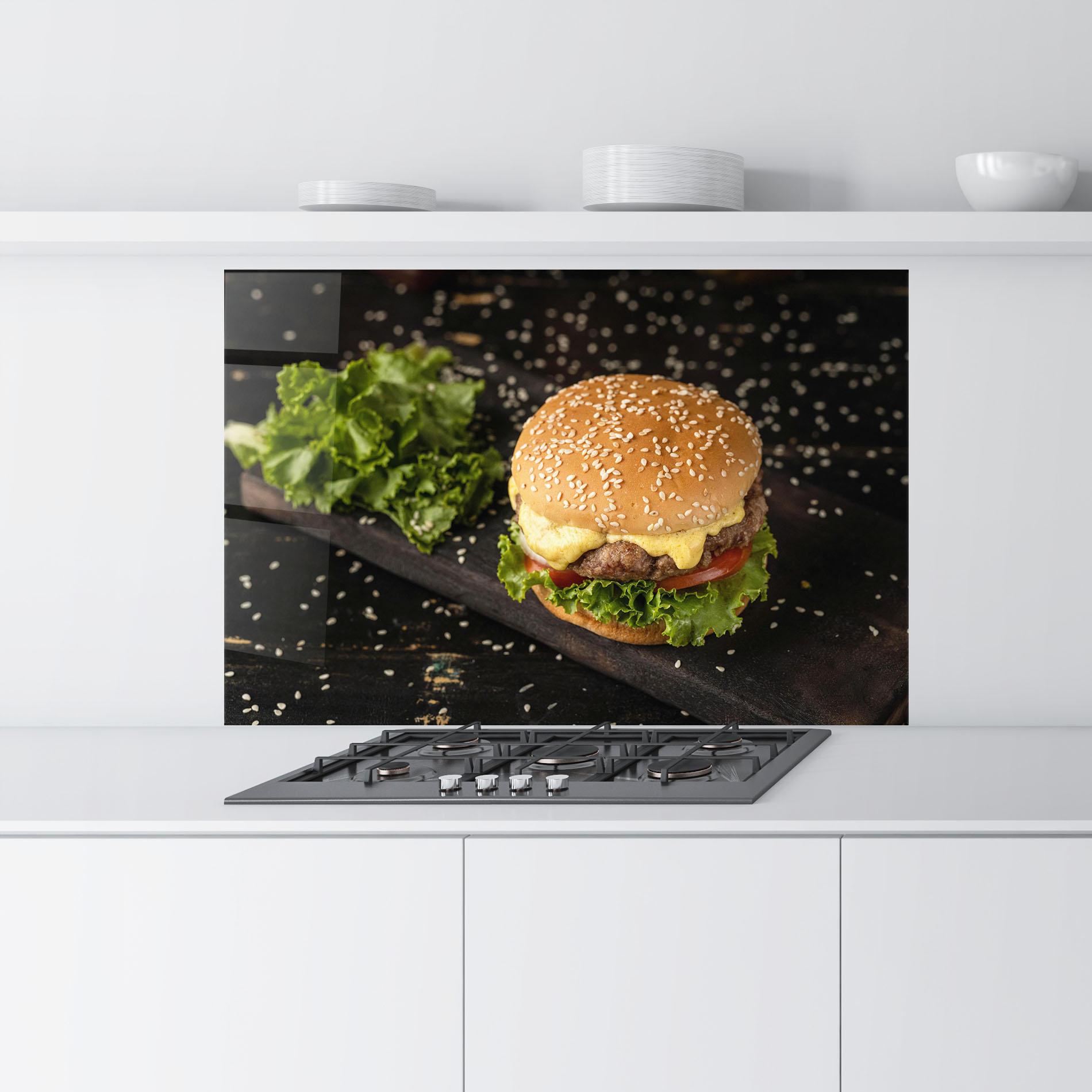 Konyhai üveg hátfal Salad Hamburger mockup 9