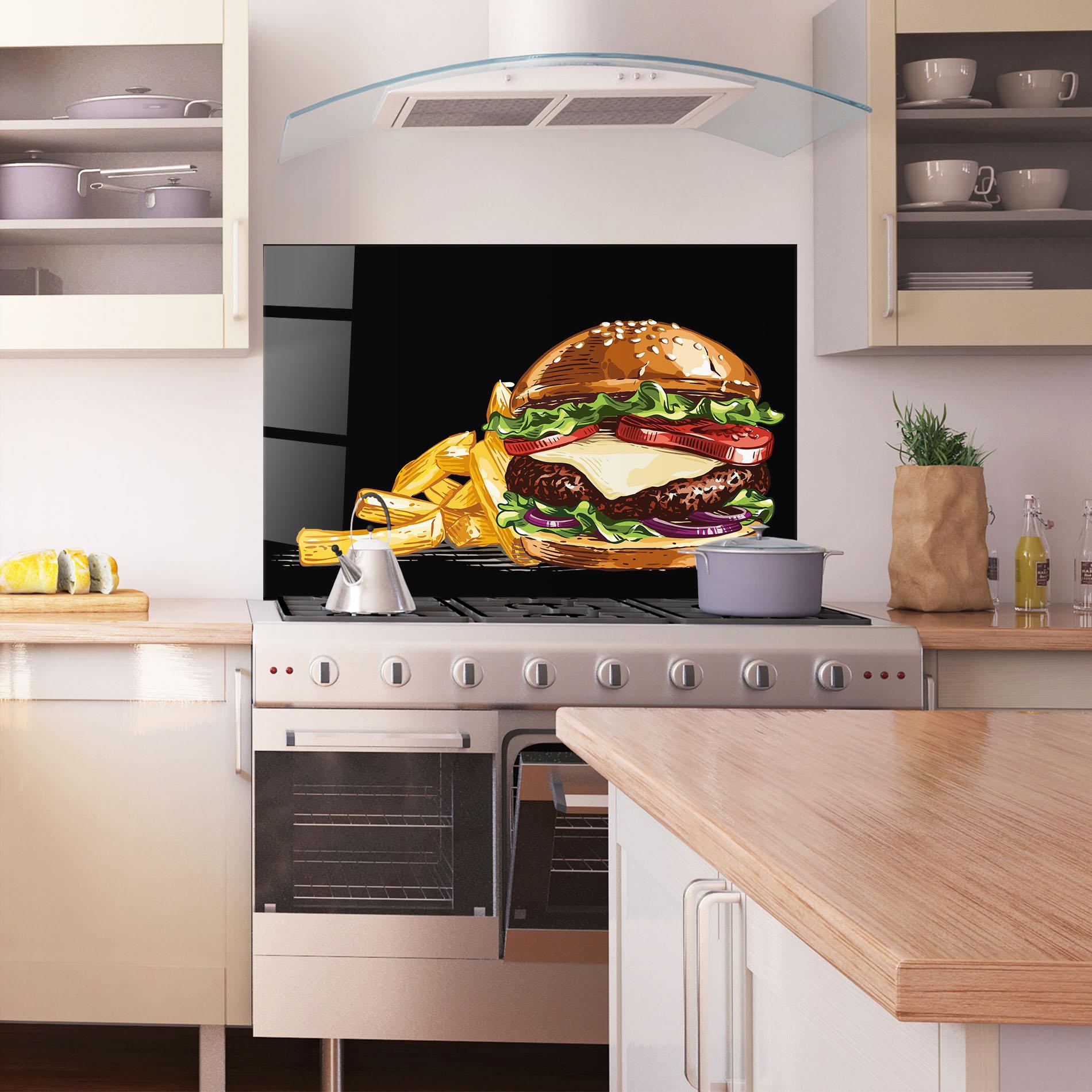 Konyhai üveg hátfal Burger Fries mockup 1