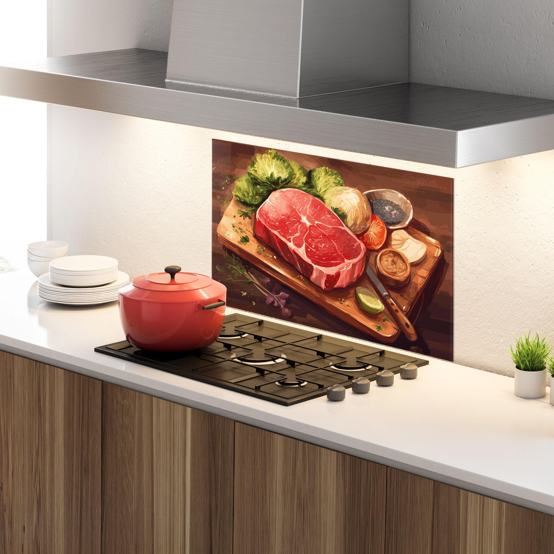 Konyhai üveg hátfal Meat Preparing mockup 4