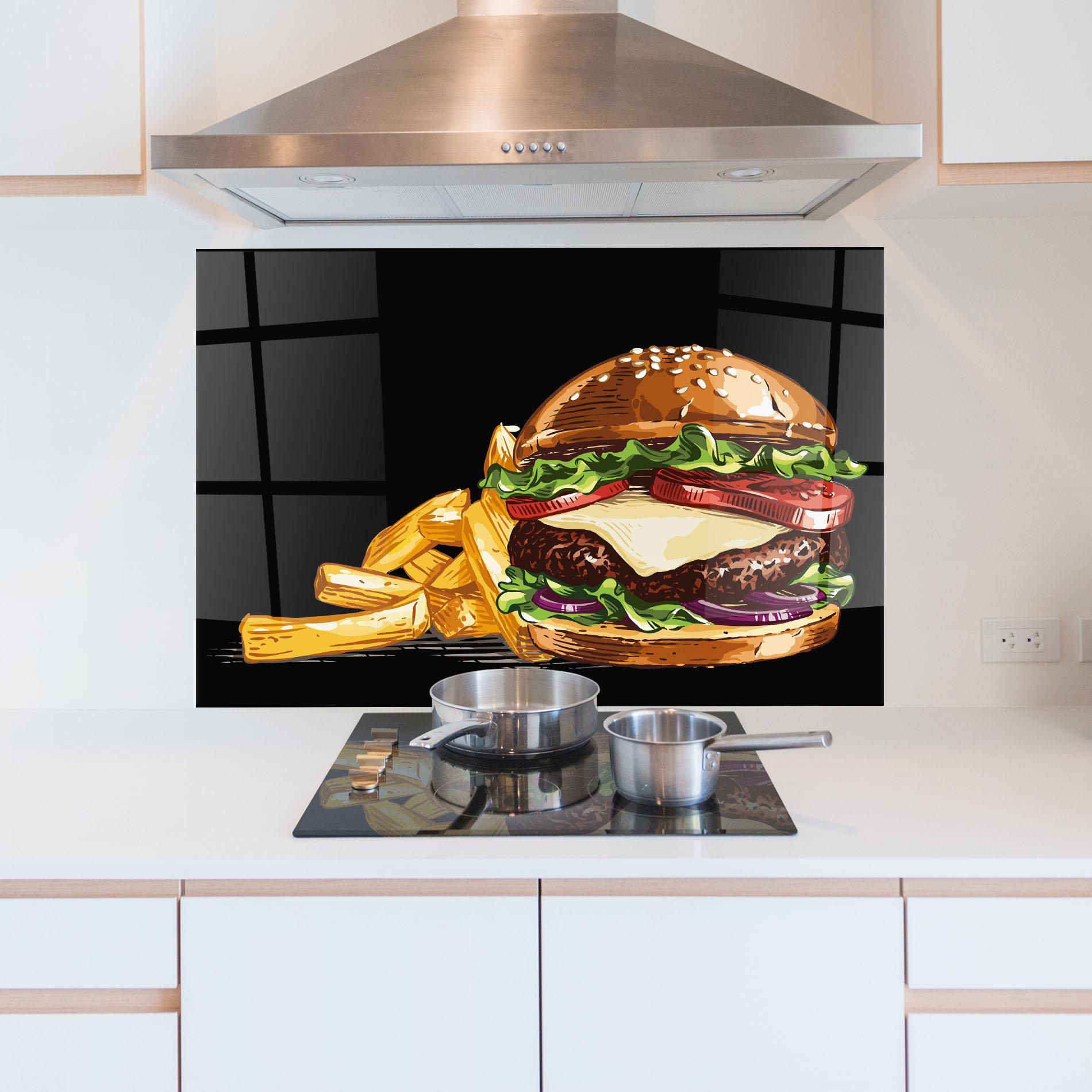 Konyhai üveg hátfal Burger Fries mockup 5
