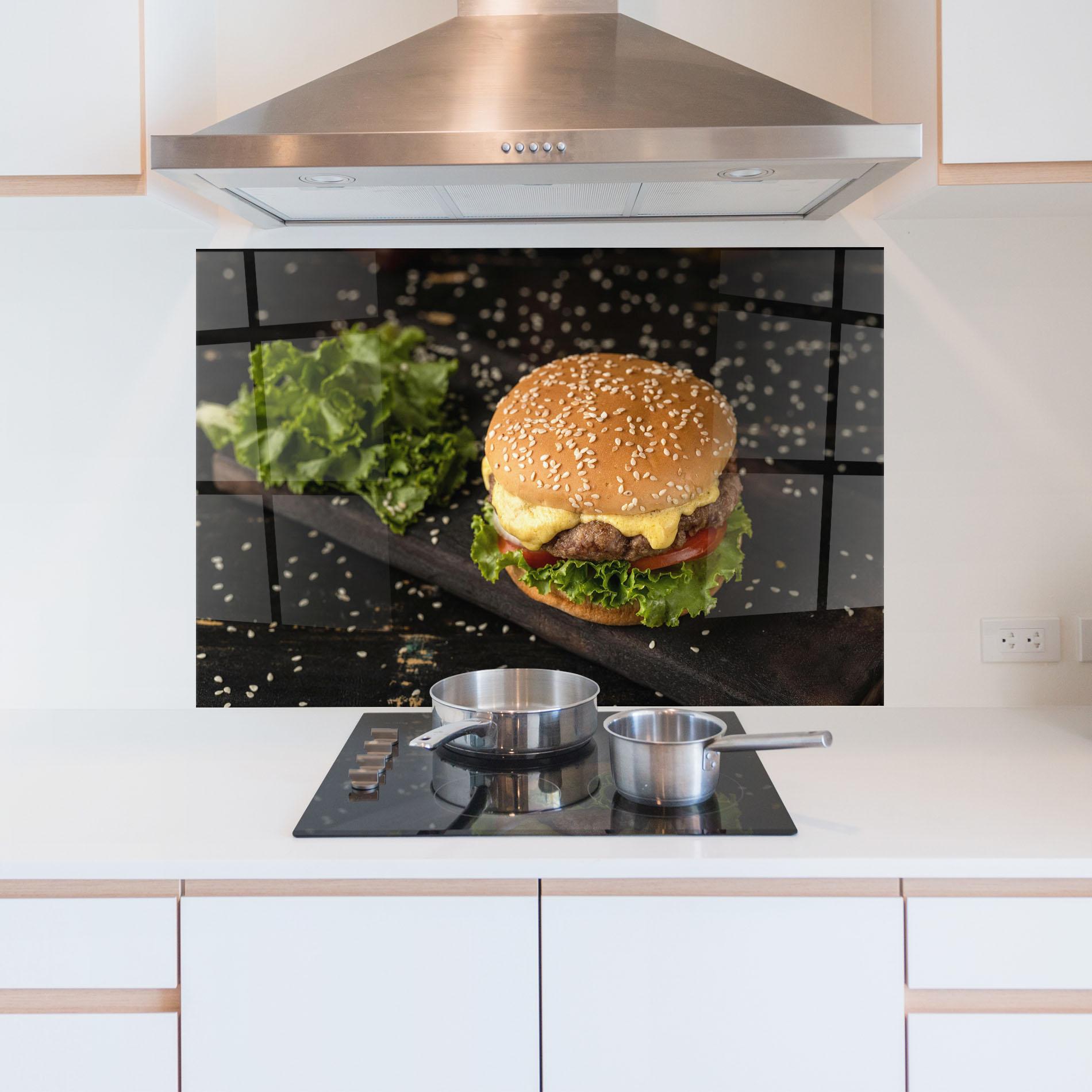 Konyhai üveg hátfal Salad Hamburger mockup 5