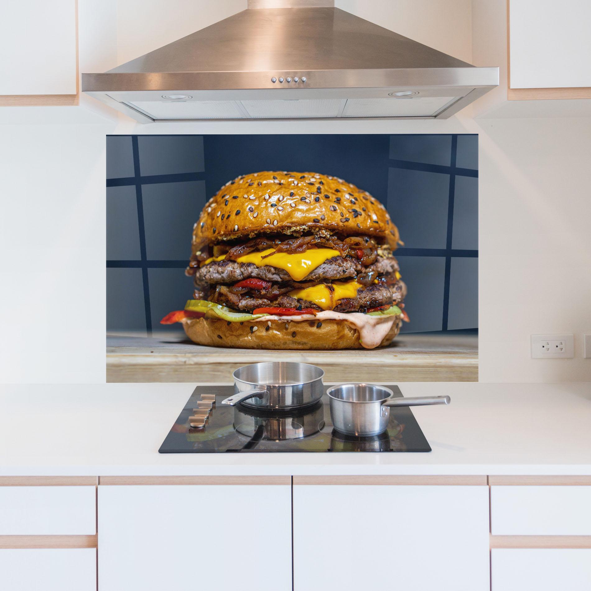Konyhai üveg hátfal Tasty Hamburger mockup 5