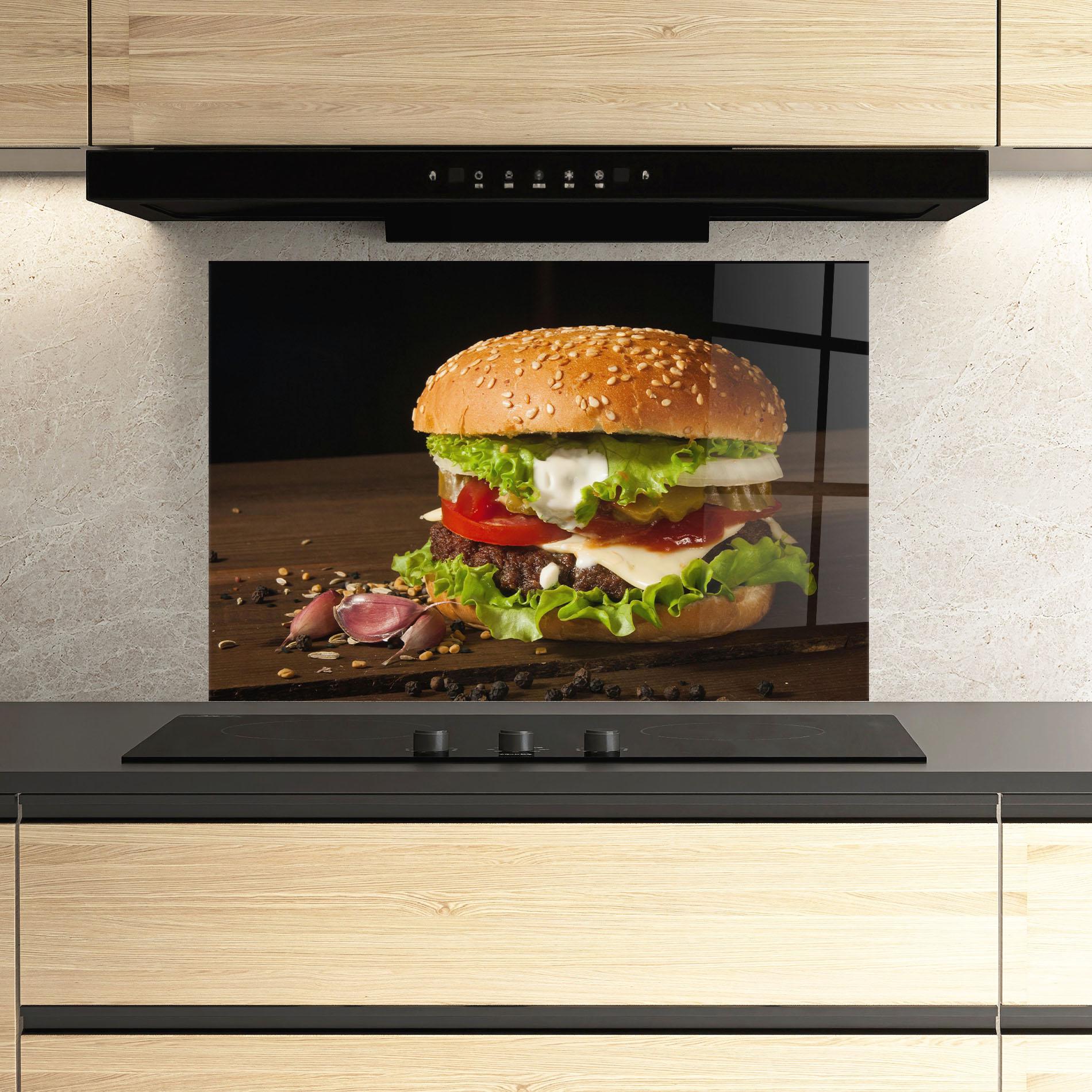 Konyhai üveg hátfal Delicious Hamburger mockup 3