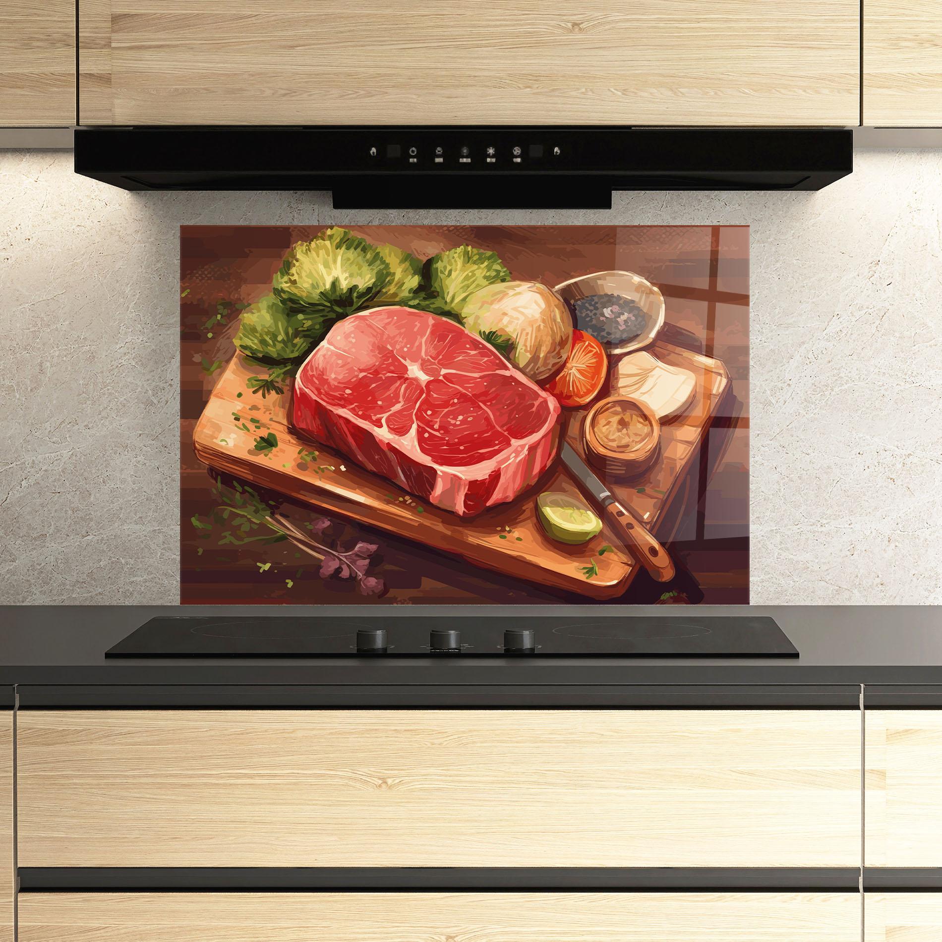 Konyhai üveg hátfal Meat Preparing mockup 3