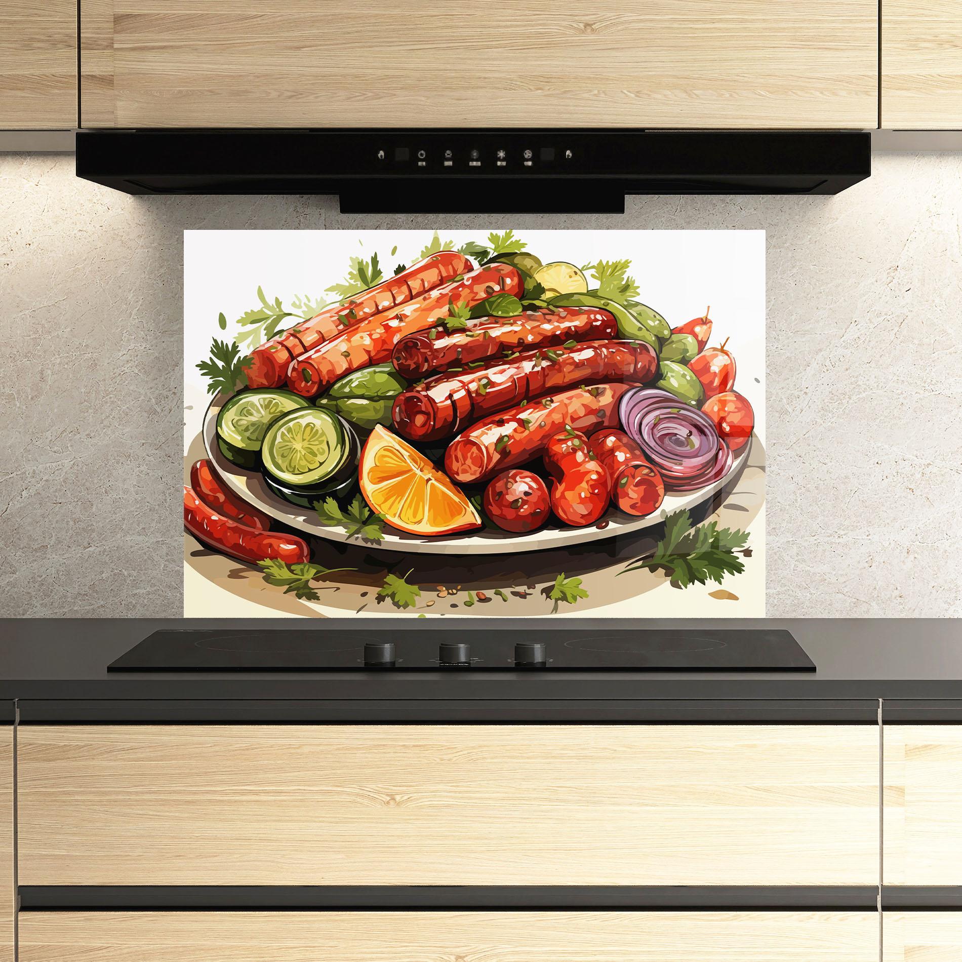Konyhai üveg hátfal Tasty Sousages mockup 3