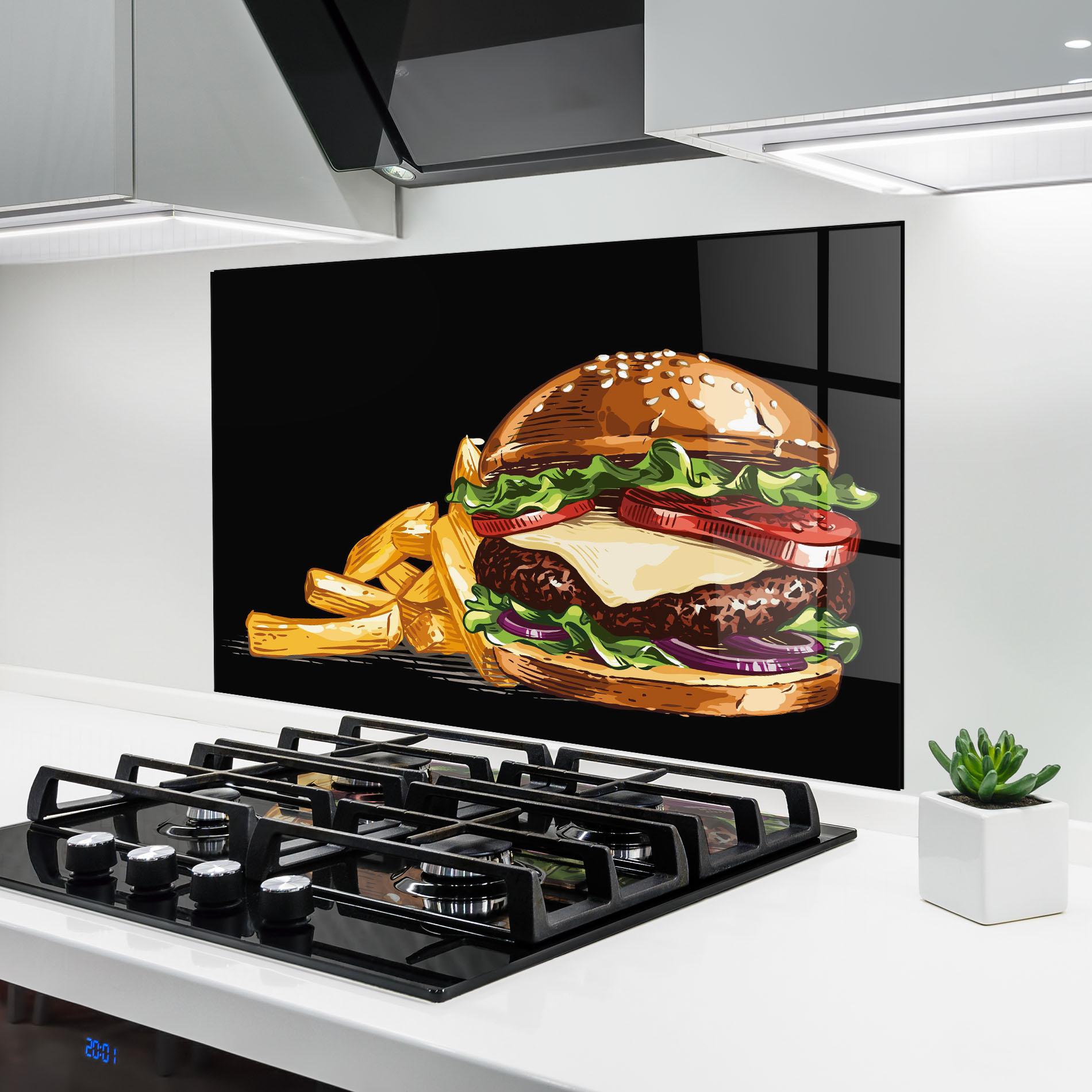 Konyhai üveg hátfal Burger Fries mockup 6