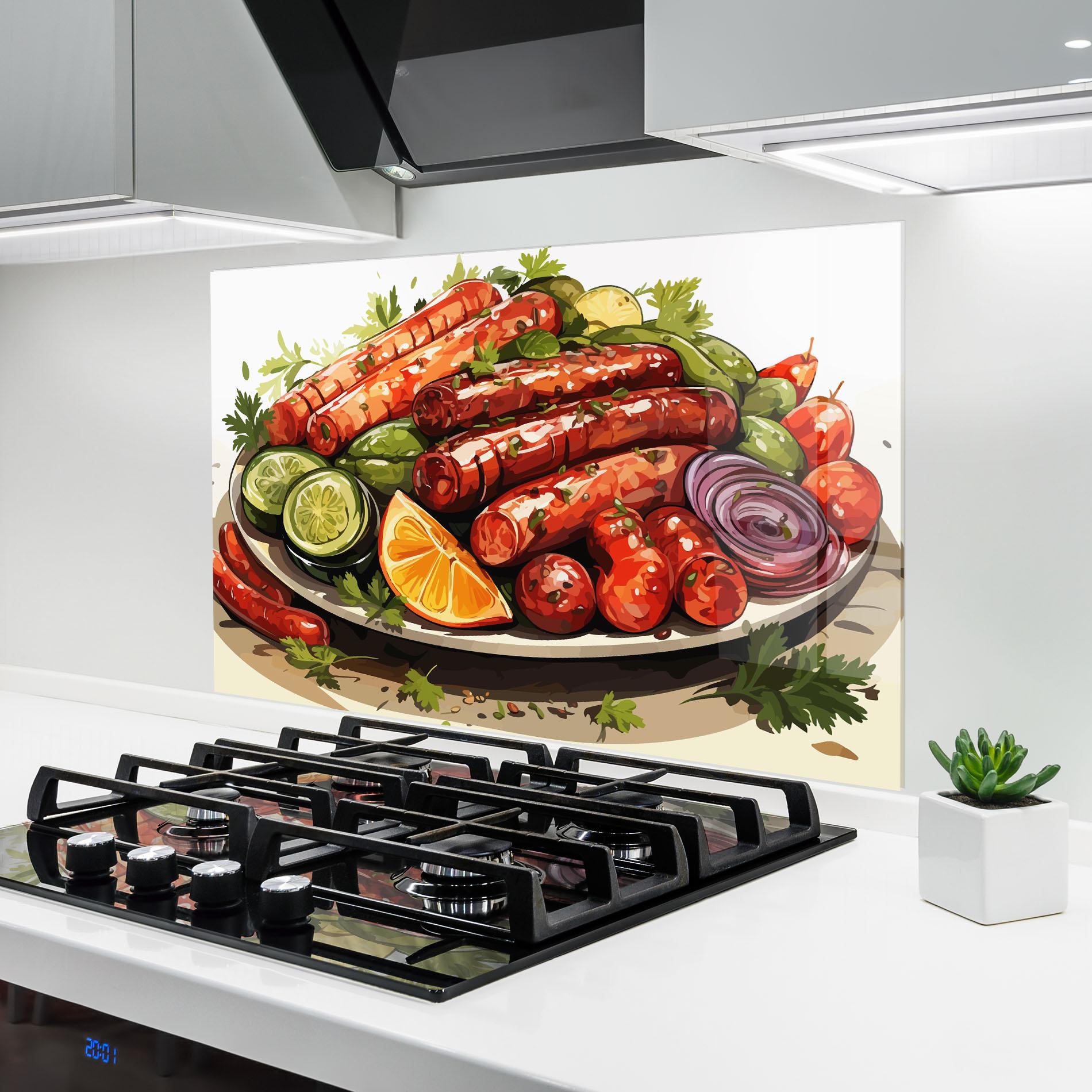 Konyhai üveg hátfal Tasty Sousages mockup 6