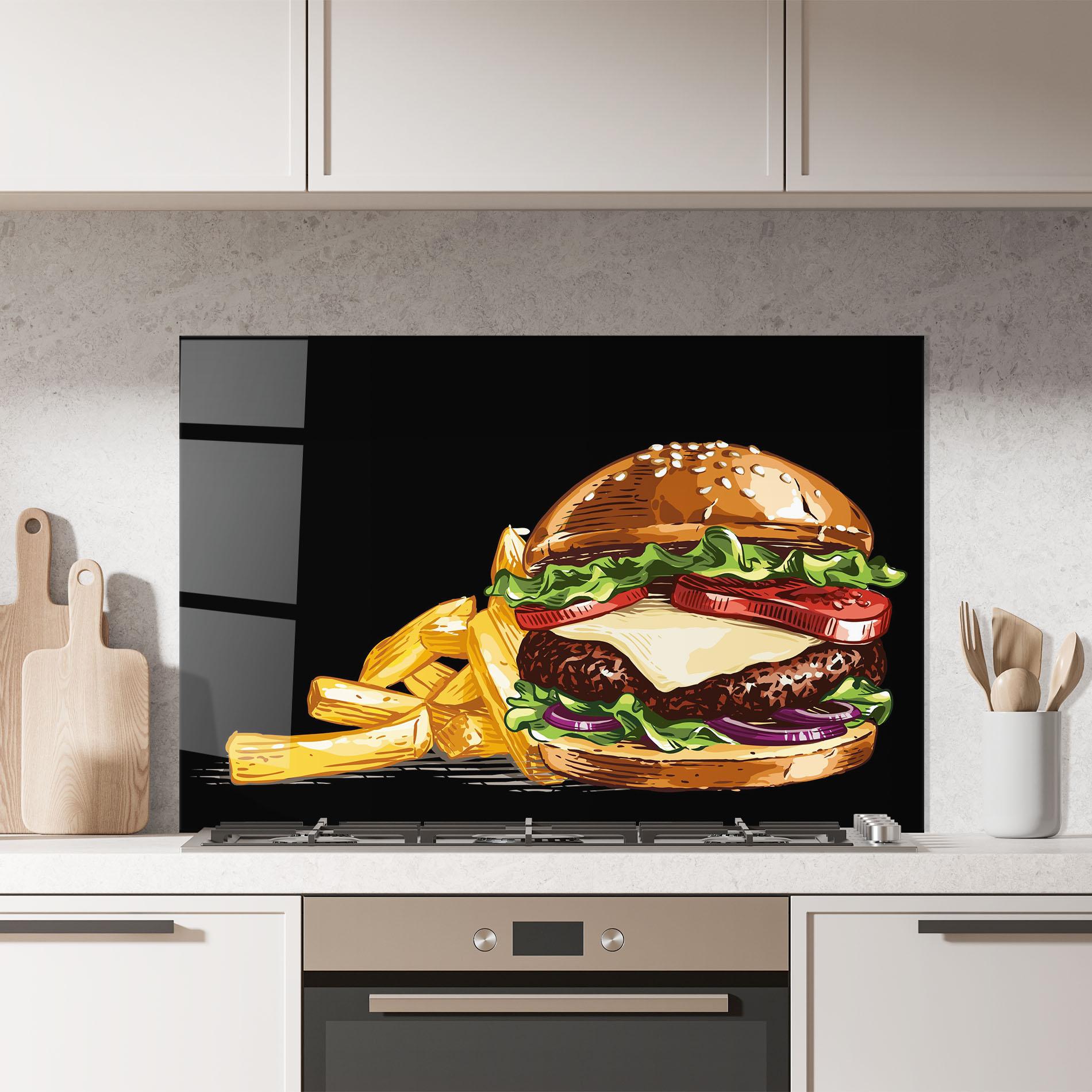 Konyhai üveg hátfal Burger Fries mockup 7