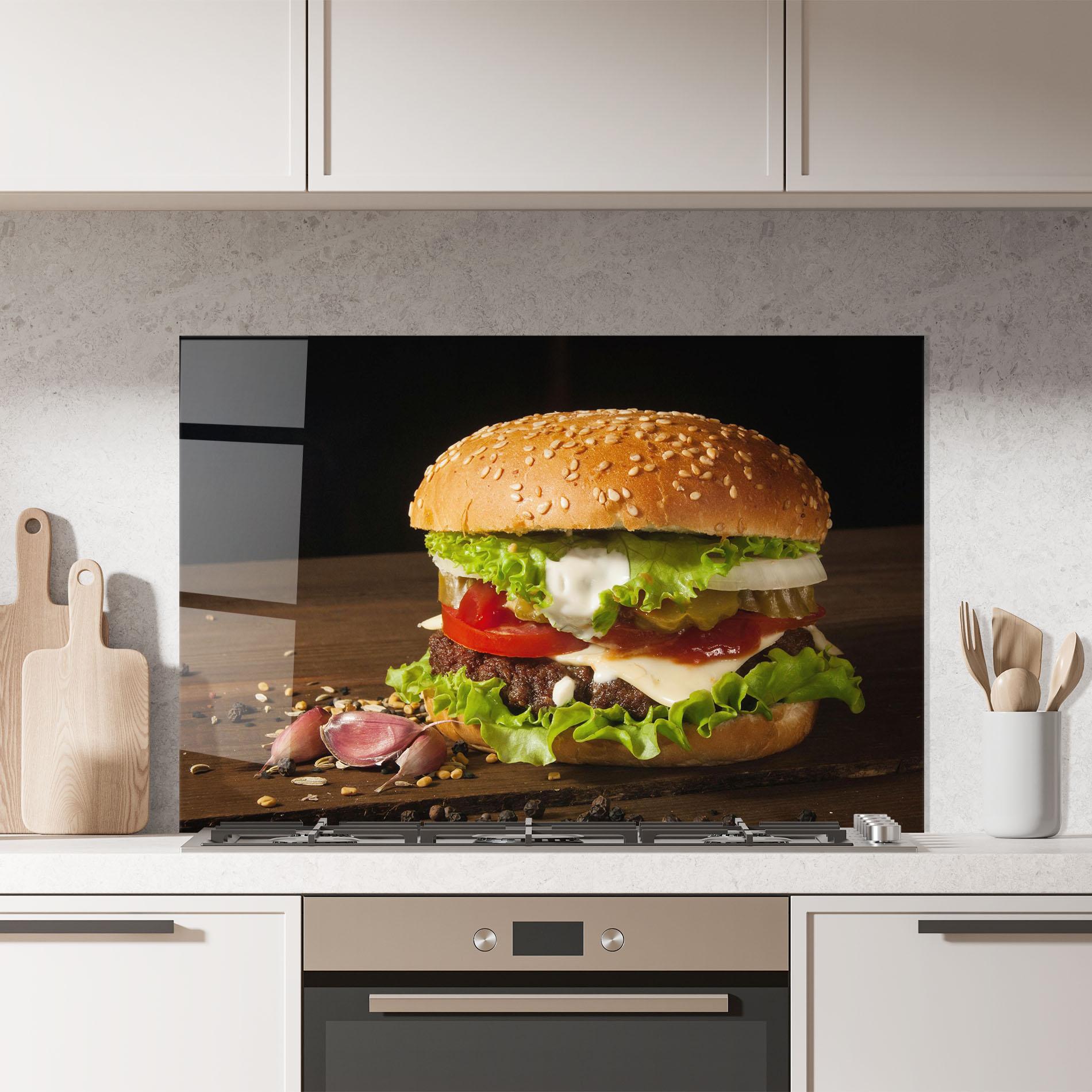 Konyhai üveg hátfal Delicious Hamburger mockup 7